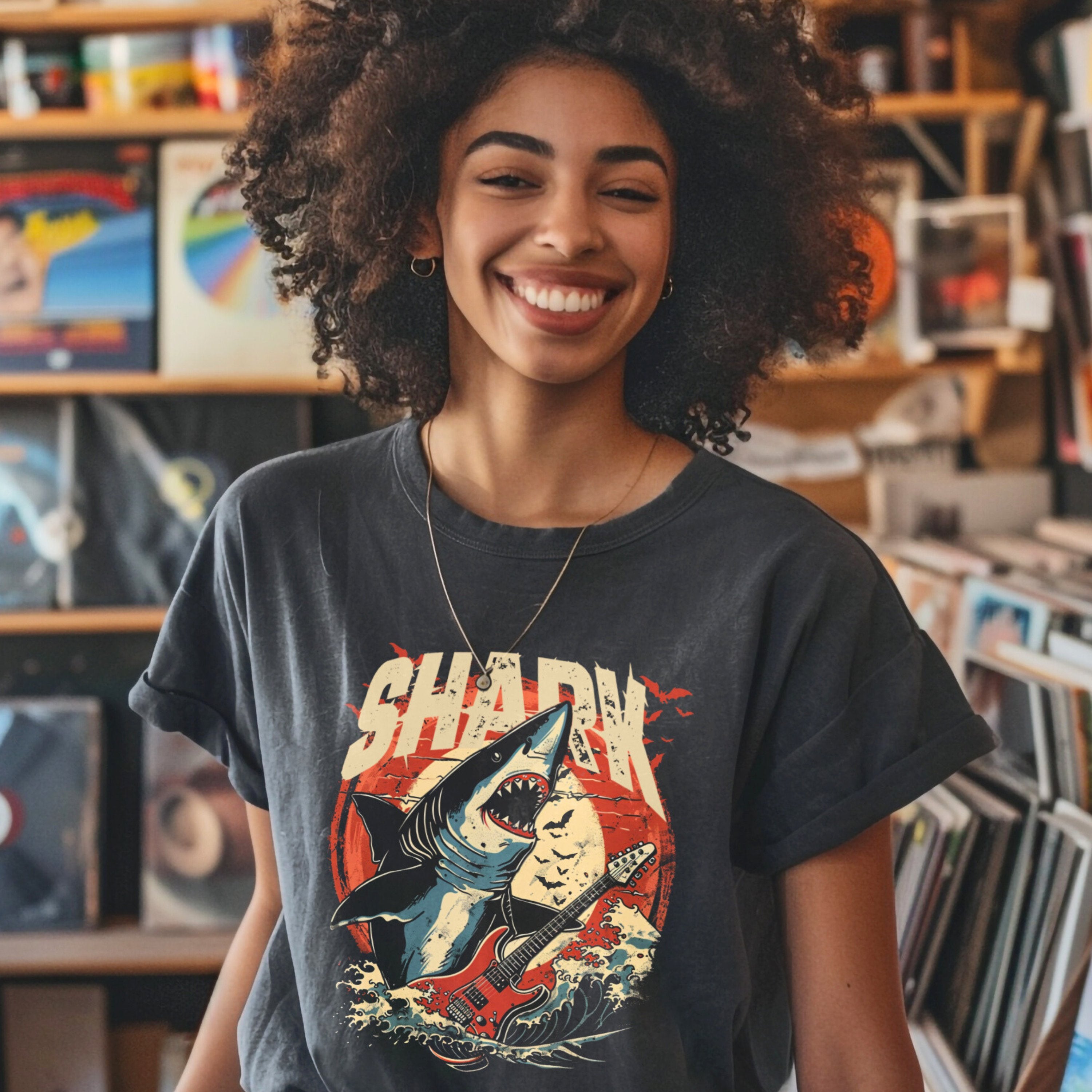 Guitarist Shark Vintage Band Shirt, Marine Biology Fun Bootleg Shirt, Gift for Shark Lover - T - Shirt - Chromatic Safari - Pepper - S