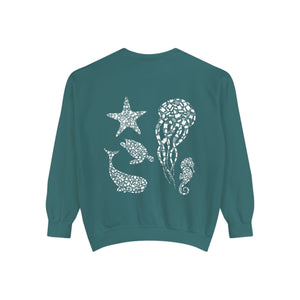 Jellyfish Whale Turtle Starfish Seahorse Cottagecore Pullover, Ocean Conservation Marine Biologist Sweatshirt, Gift for Biologist - Sweatshirt - Chromatic Safari - Blue Spruce - S