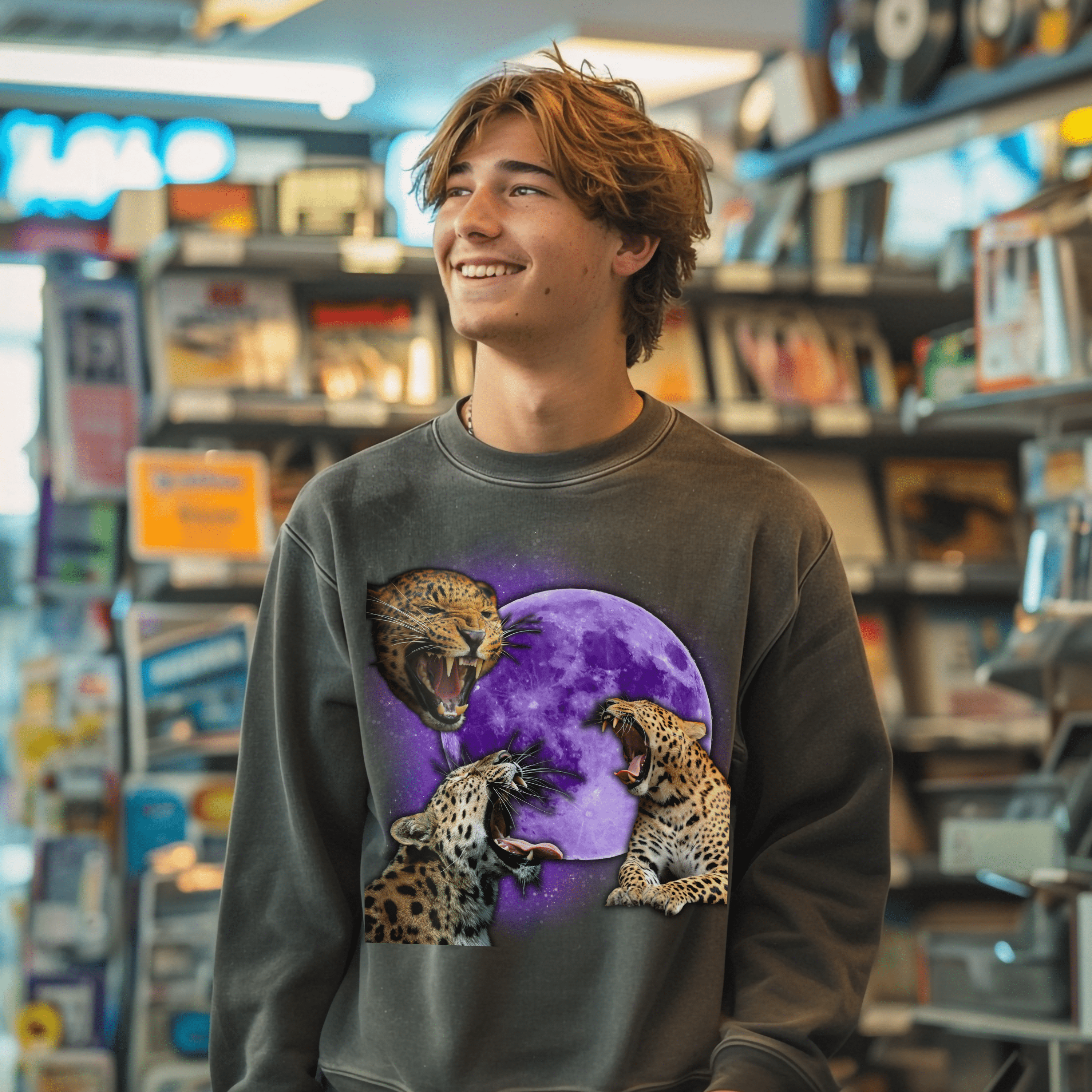 Leopard Sweatshirt, Retro Three Leopard & Moon Pullover Tee, Vintage 90s Wild Animal Tshirt, Outdoor Gifts - Sweatshirt - Chromatic Safari - Charcoal - S