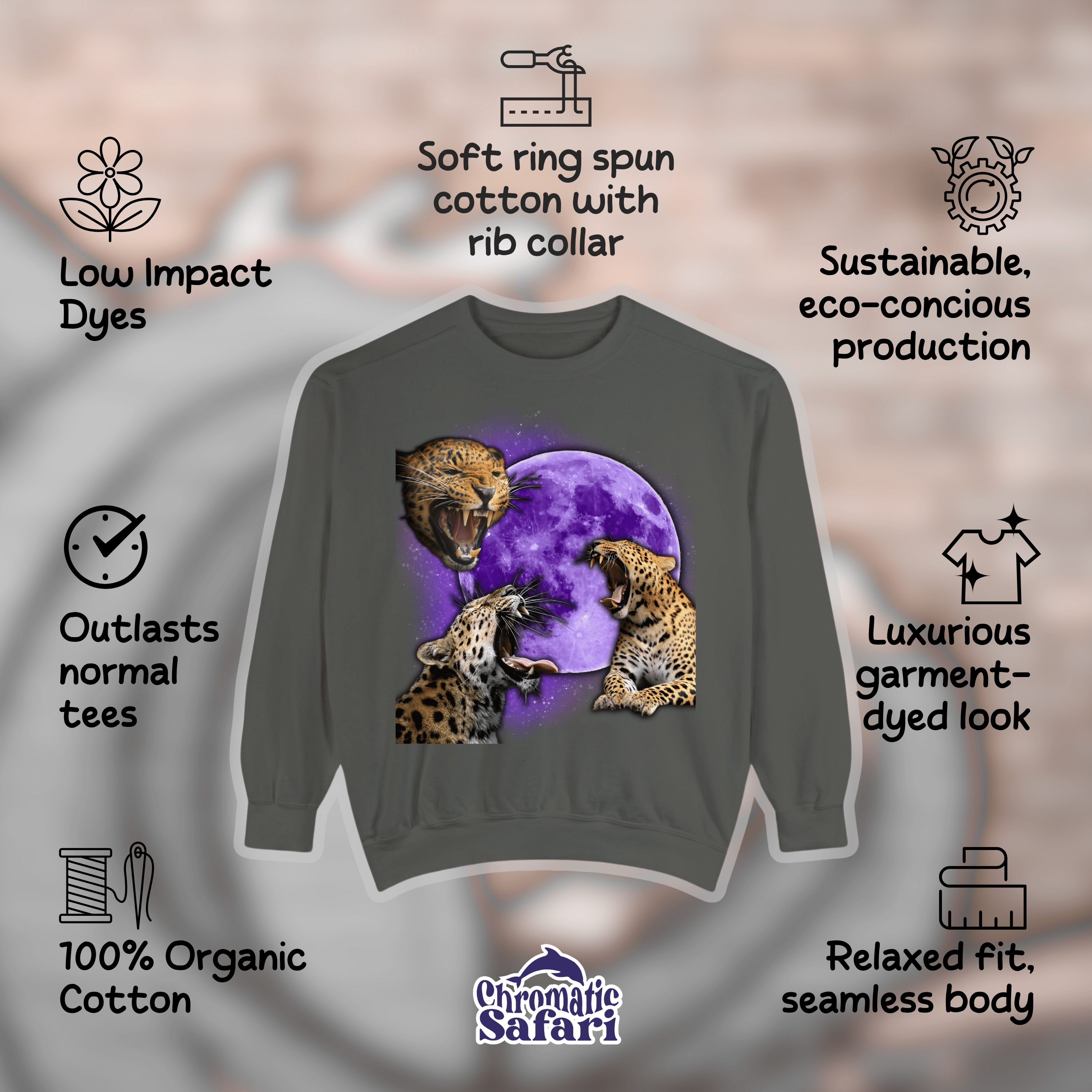 Leopard Sweatshirt, Retro Three Leopard & Moon Pullover Tee, Vintage 90s Wild Animal Tshirt, Outdoor Gifts - Sweatshirt - Chromatic Safari - Charcoal - S