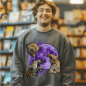 Leopard Sweatshirt, Retro Three Leopard & Moon Pullover Tee, Vintage 90s Wild Animal Tshirt, Outdoor Gifts - Sweatshirt - Chromatic Safari - Charcoal - S