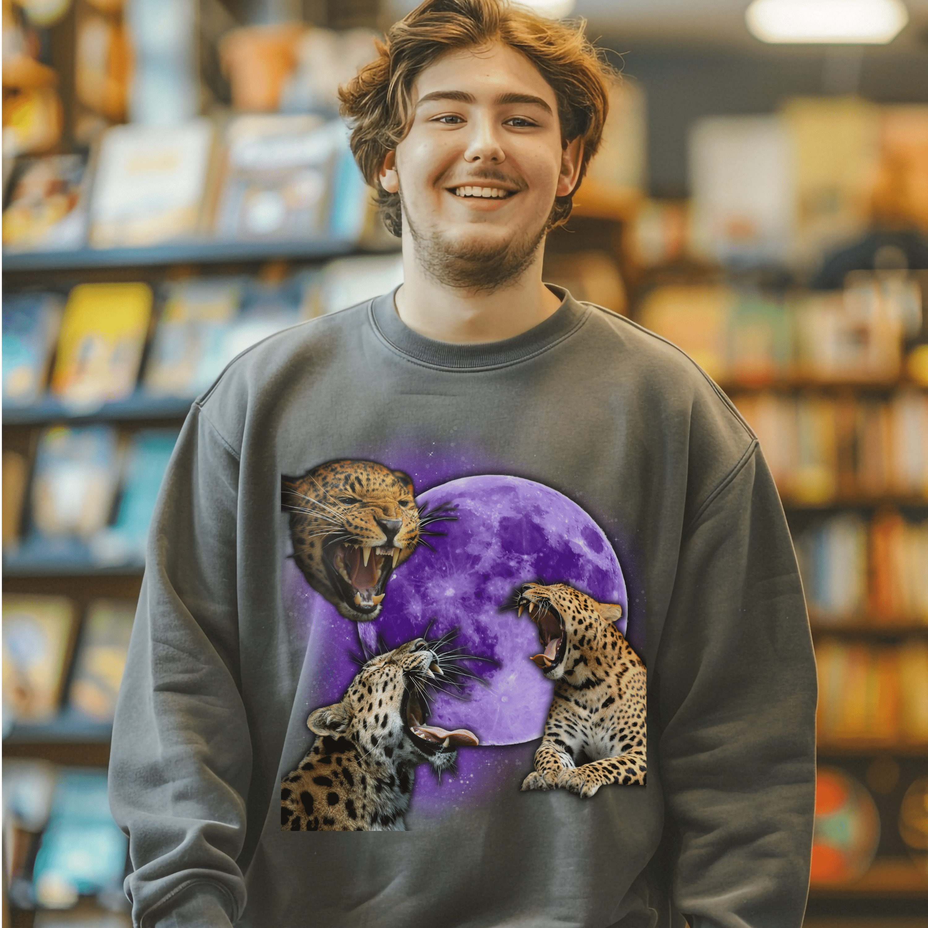 Leopard Sweatshirt, Retro Three Leopard & Moon Pullover Tee, Vintage 90s Wild Animal Tshirt, Outdoor Gifts - Sweatshirt - Chromatic Safari - Charcoal - S