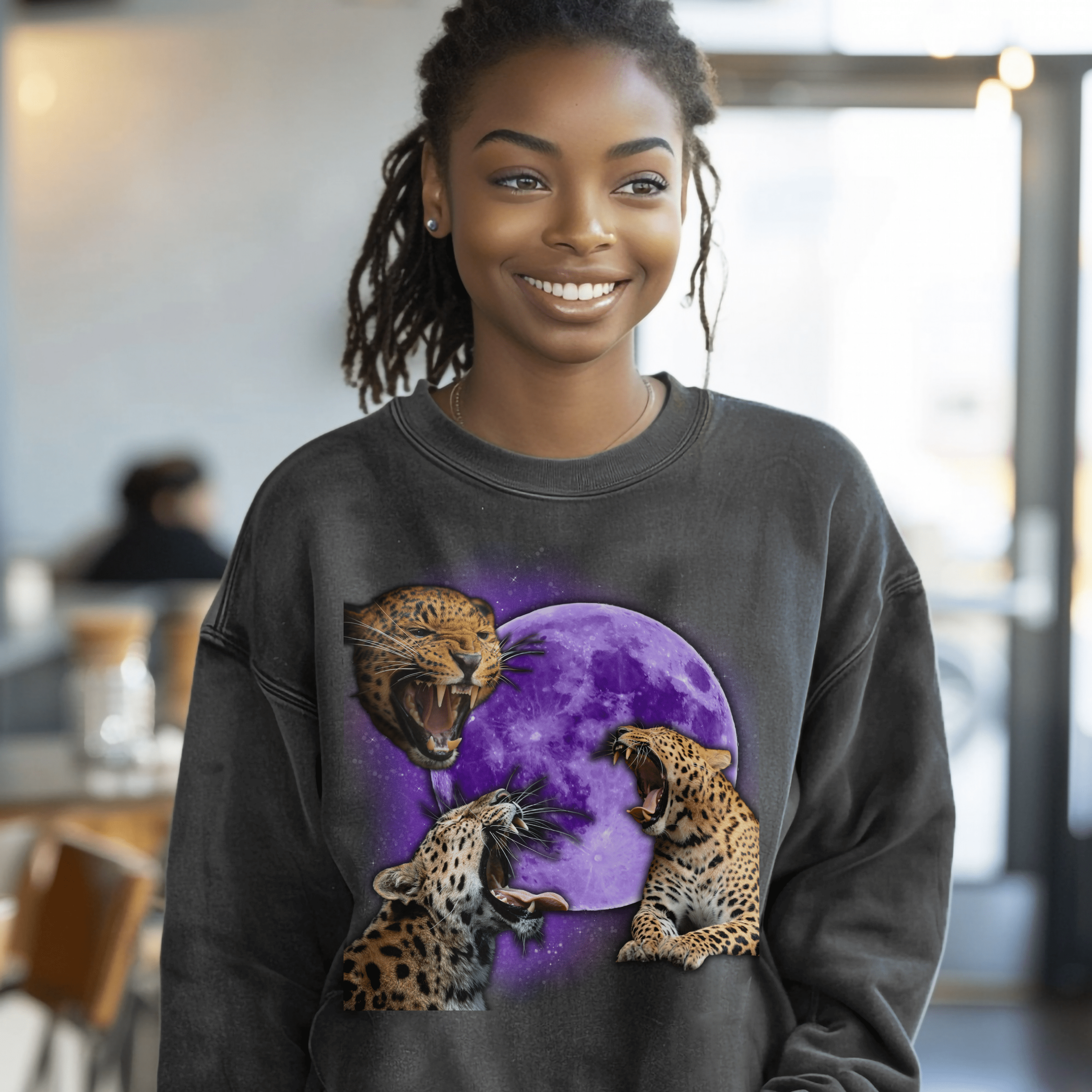 Leopard Sweatshirt, Retro Three Leopard & Moon Pullover Tee, Vintage 90s Wild Animal Tshirt, Outdoor Gifts - Sweatshirt - Chromatic Safari - Charcoal - S