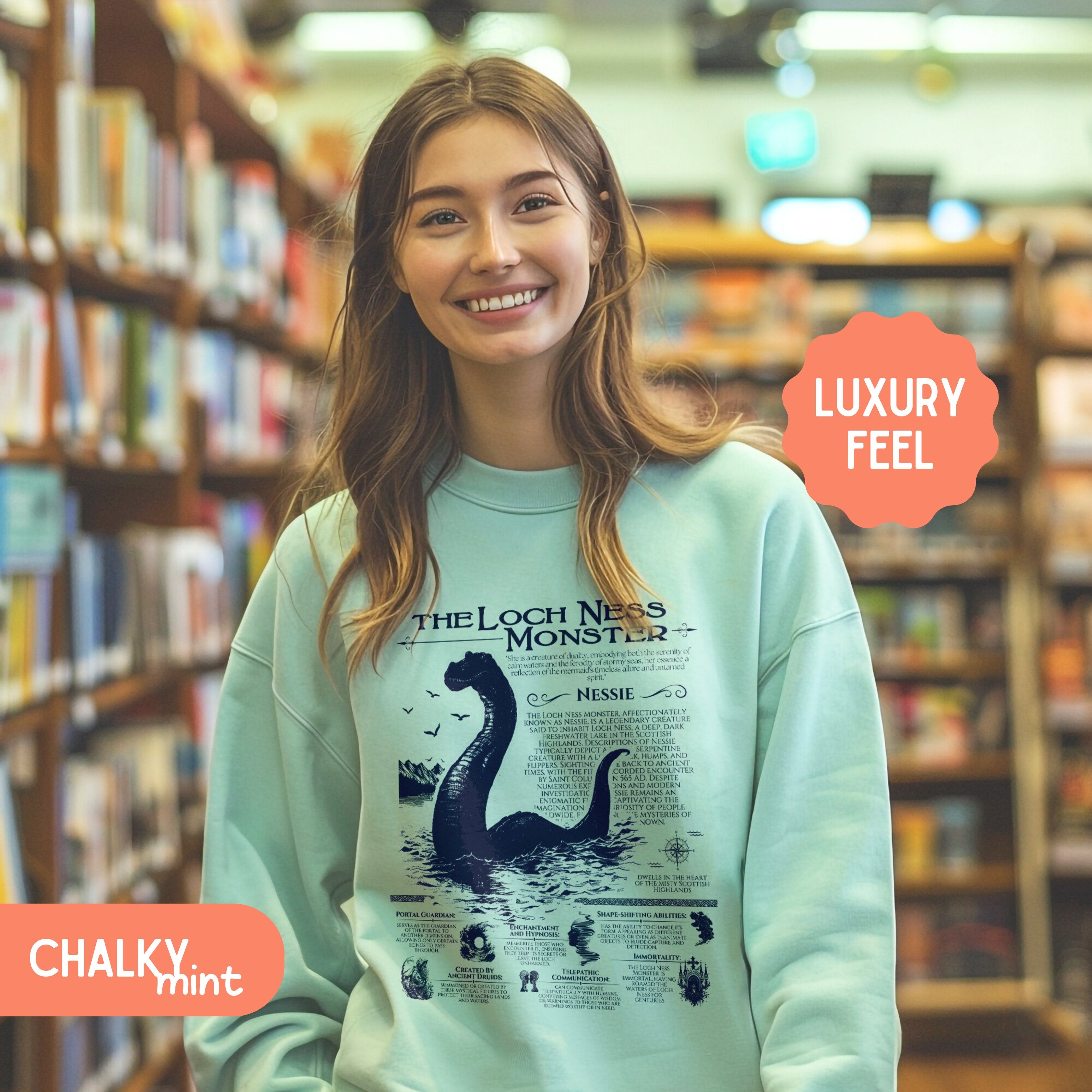 Loch Ness Monster Anatomy Shirt Pullover, Marine Animals Vintage Cryptid Sweatshirt, Gift For Her or Him - Sweatshirt - Chromatic Safari - Chalky Mint - S