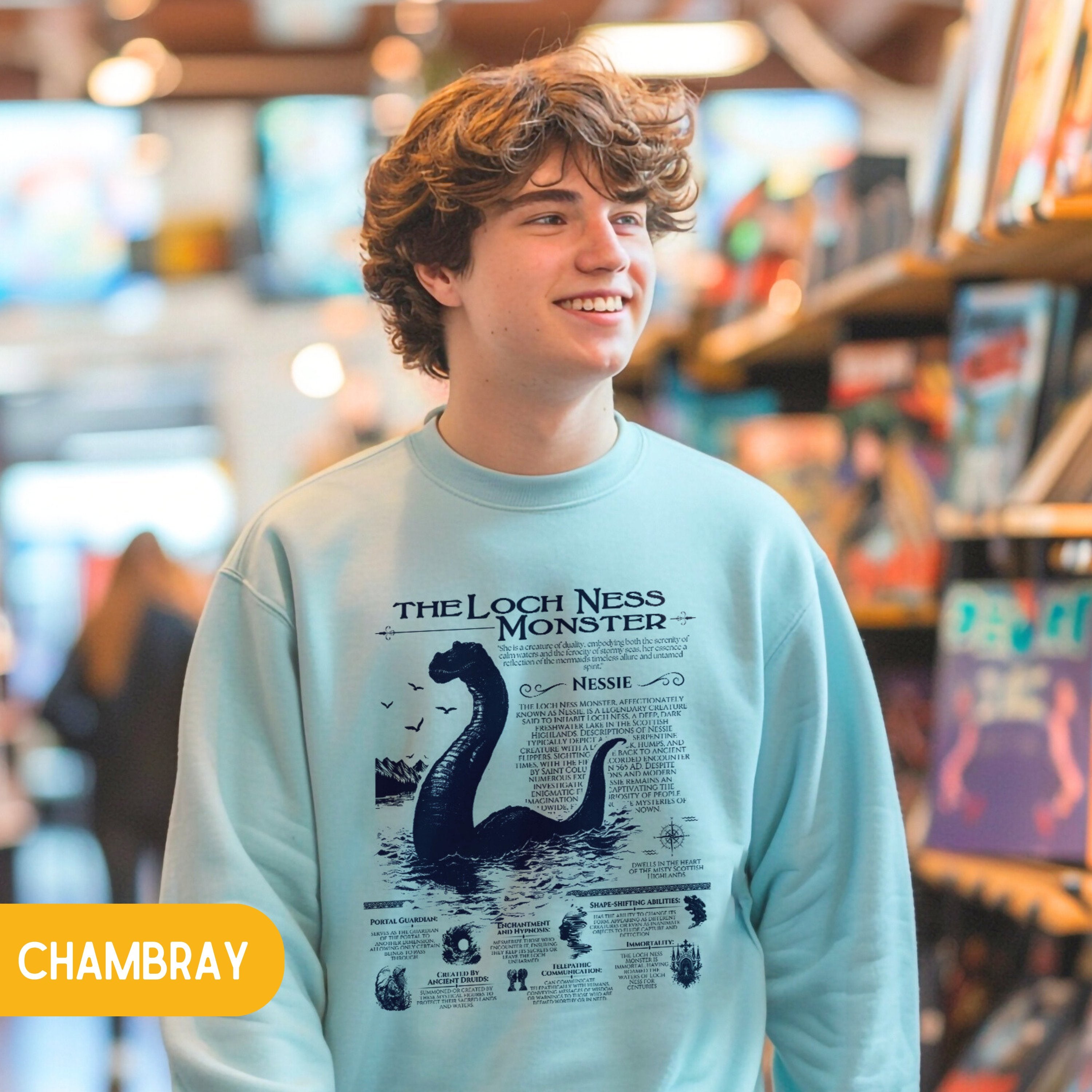 Loch Ness Monster Anatomy Shirt Pullover, Marine Animals Vintage Cryptid Sweatshirt, Gift For Her or Him - Sweatshirt - Chromatic Safari - Chambray - S