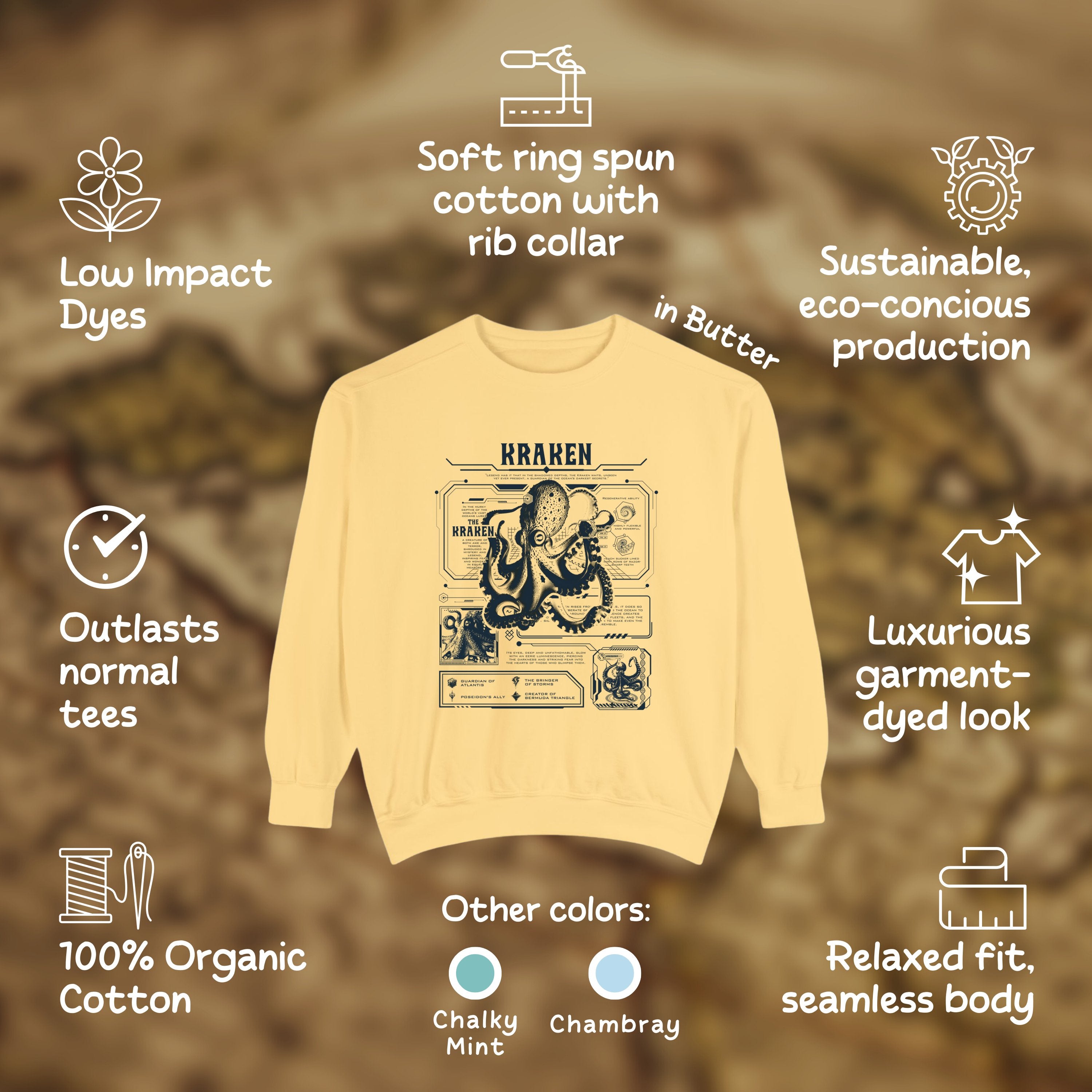 Majestic Kraken Octopus Anatomy Shirt Pullover, Marine Animal Anatomical Cyberpunk Sweatshirt, Surfers Gifts - Sweatshirt - Chromatic Safari - Butter - S