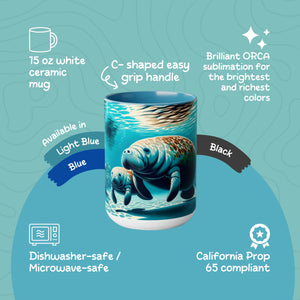 Manatee and Baby Mug - Perfect Surfer Mom Gift, Ocean Theme Coffee Cup, Marine Life Inspired Drinkware, Eco-Friendly Gift for Surfer - Mug - Chromatic Safari - 15oz - Black