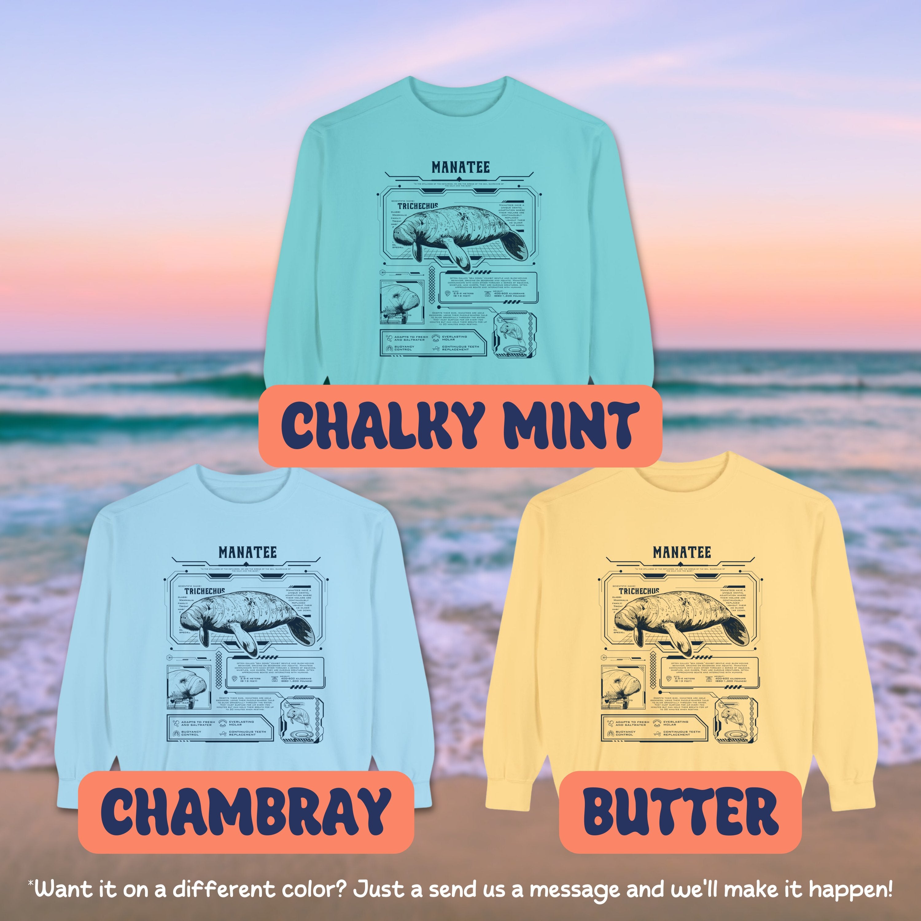 Manatee Band Shirt Pullover, Marine Animal Anatomical Sweatshirt, Gift For Surfers - Sweatshirt - Chromatic Safari - Chambray - S