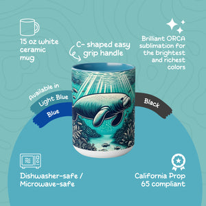 Manatee Mug Two-toned Woodcut Design, Ocean Conservation Gift 15 oz Ceramic Coffee Cup, Perfect Gift for Sea Mammal Lovers Conservationists - Mug - Chromatic Safari - 15oz - Black