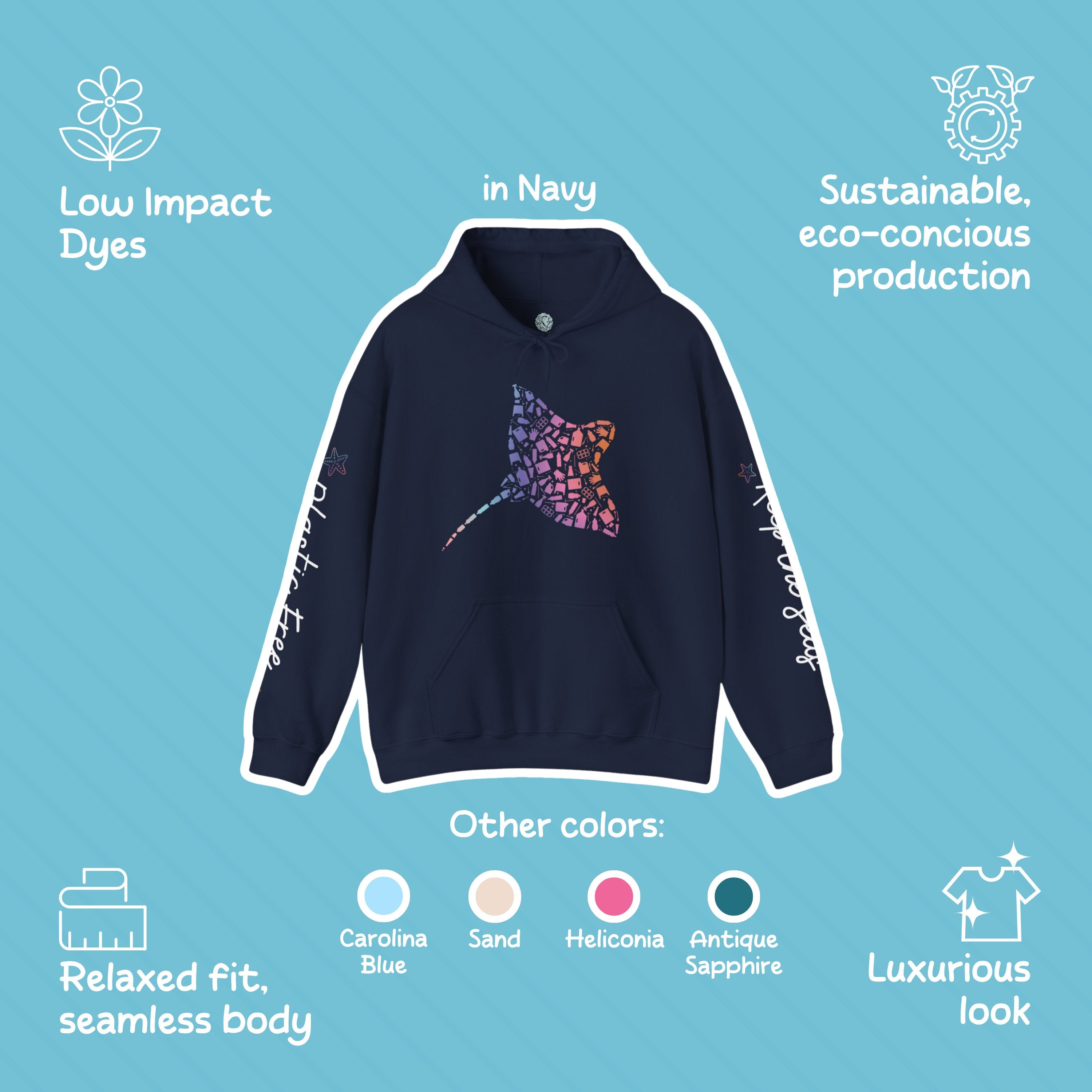 Manta Ray Design Hoodie: Eco-Friendly, Artistic Sweatshirt for Marine Life Enthusiasts, Perfect for Ocean Conservation Supporters - Chromatic Safari - Navy - S