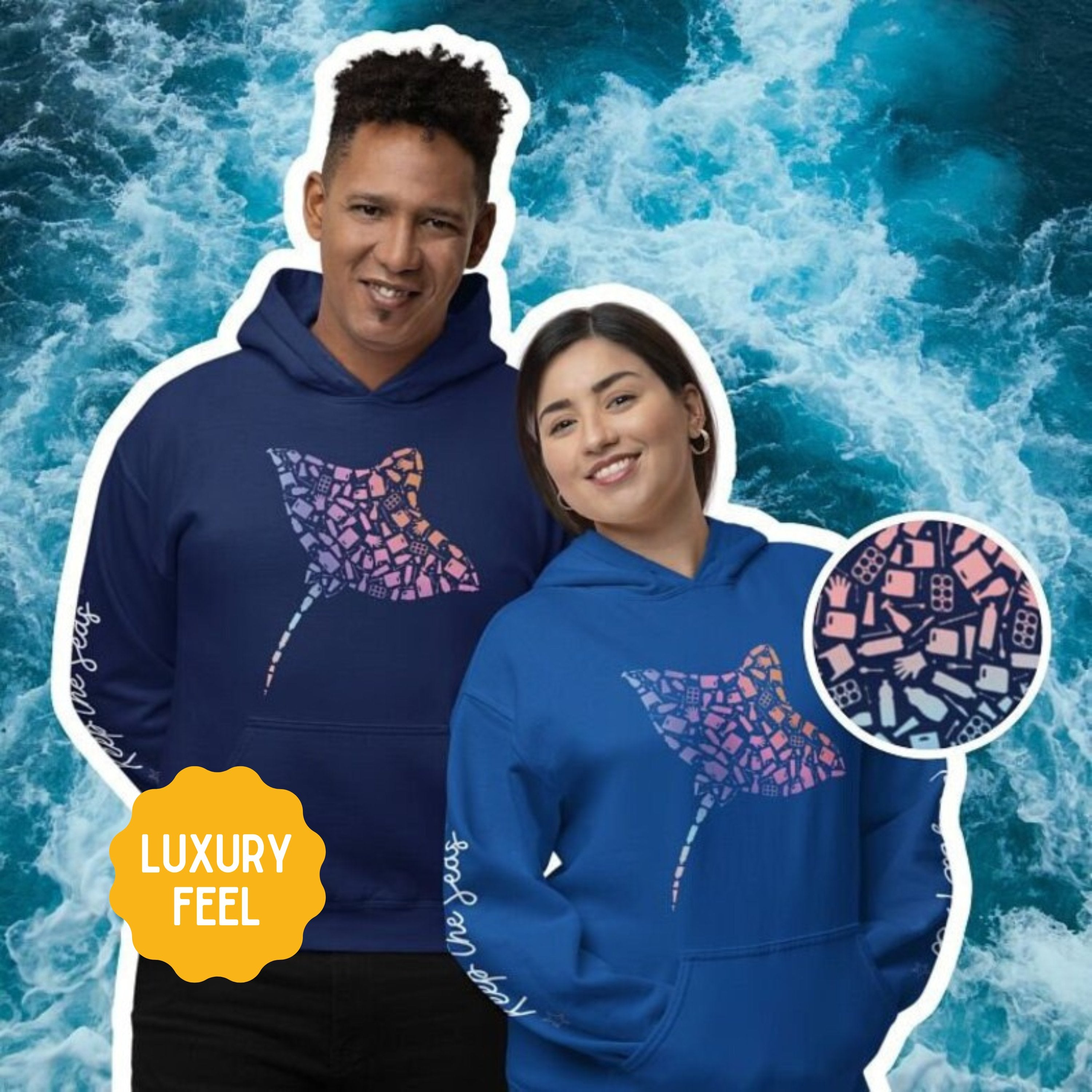 Manta Ray Design Hoodie: Eco-Friendly, Artistic Sweatshirt for Marine Life Enthusiasts, Perfect for Ocean Conservation Supporters - Chromatic Safari - Navy - S