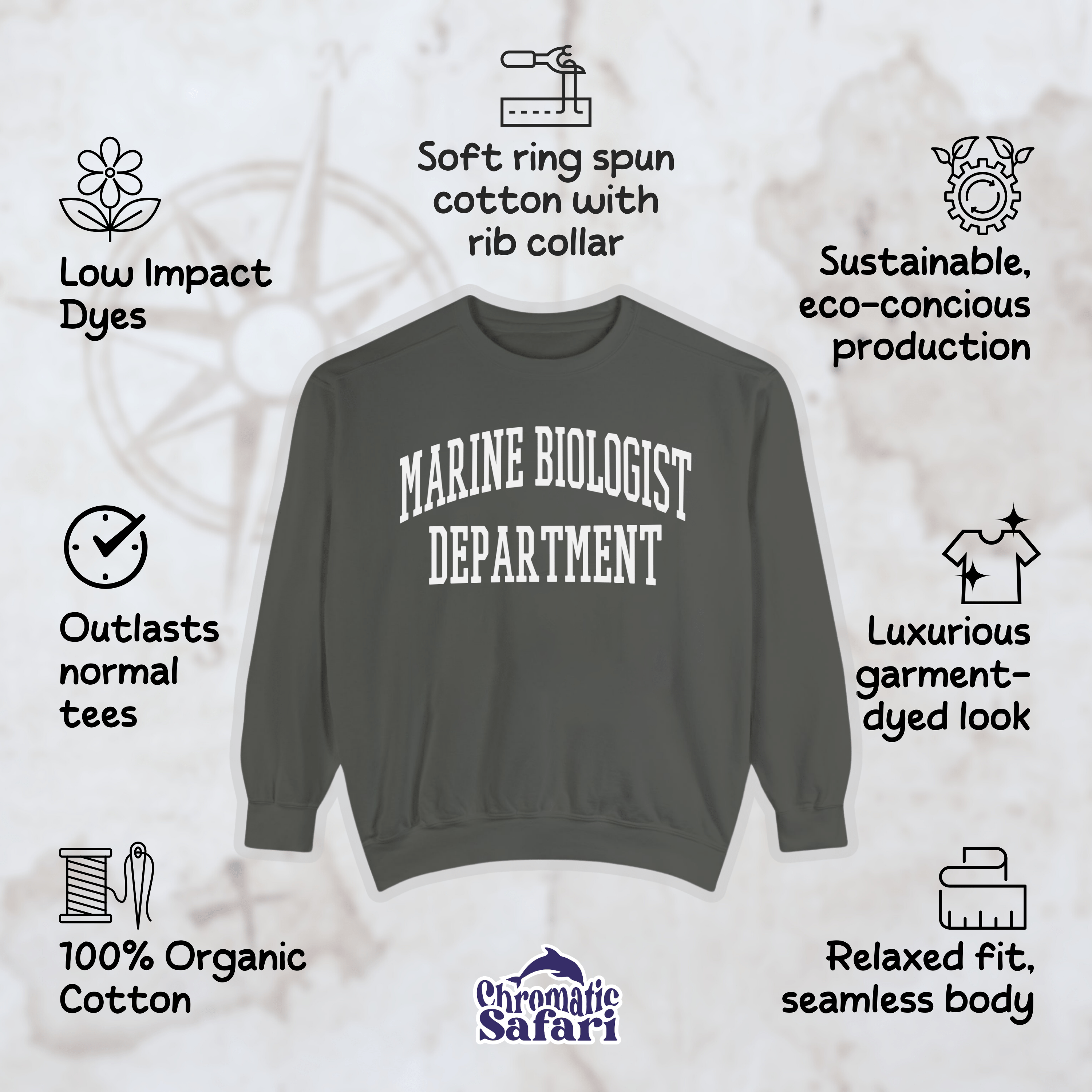 Marine Biology Department Sweatshirt, Ocean Conservation Tee, Unisex Trendy Biology Shirt, Gift For Biologist - Sweatshirt - Chromatic Safari - Charcoal - S