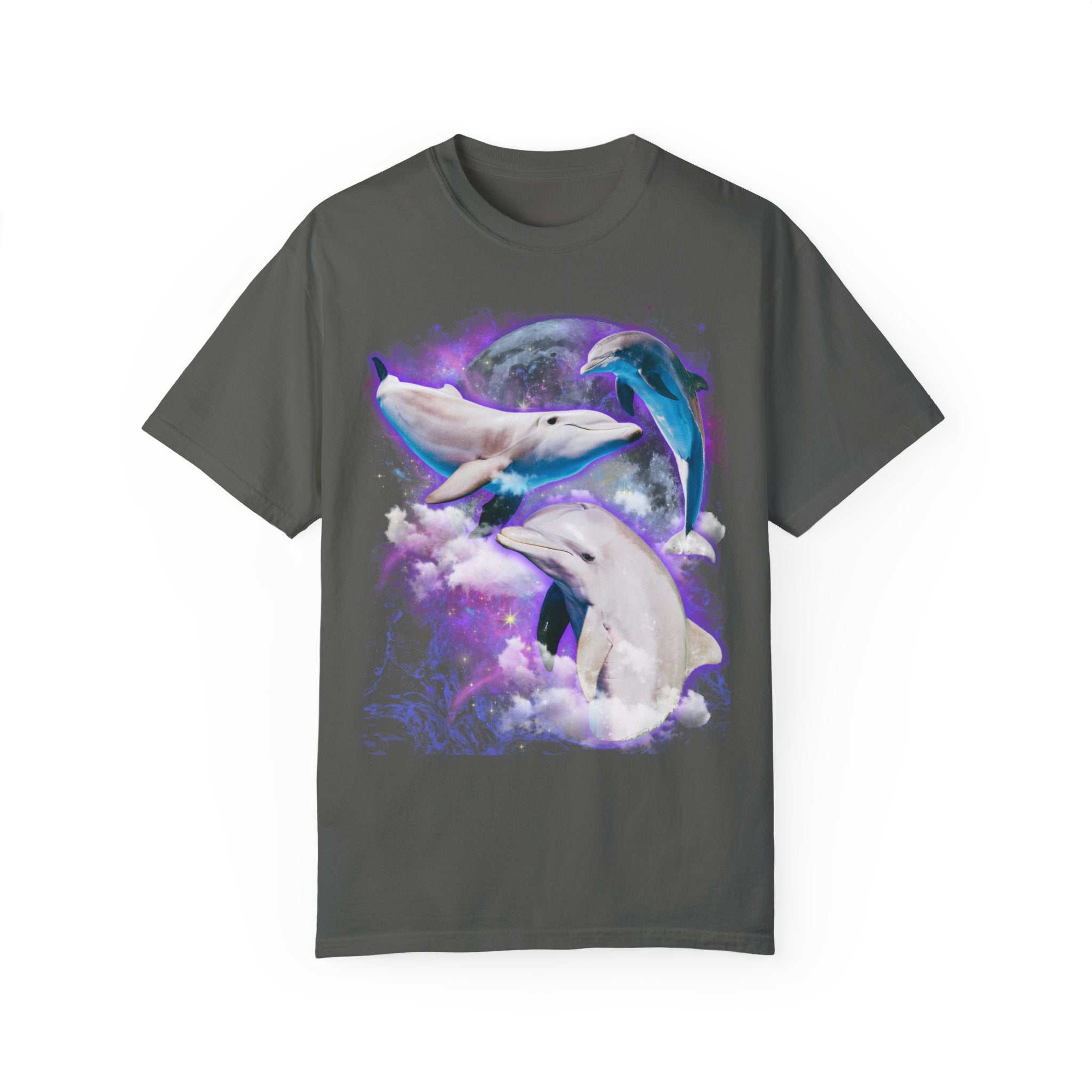Moon Dolphin Vintage Graphic Tee, Marine Biology Fun Band Shirt, Gift for Marine Biologist - T-Shirt - Chromatic Safari - Pepper - S
