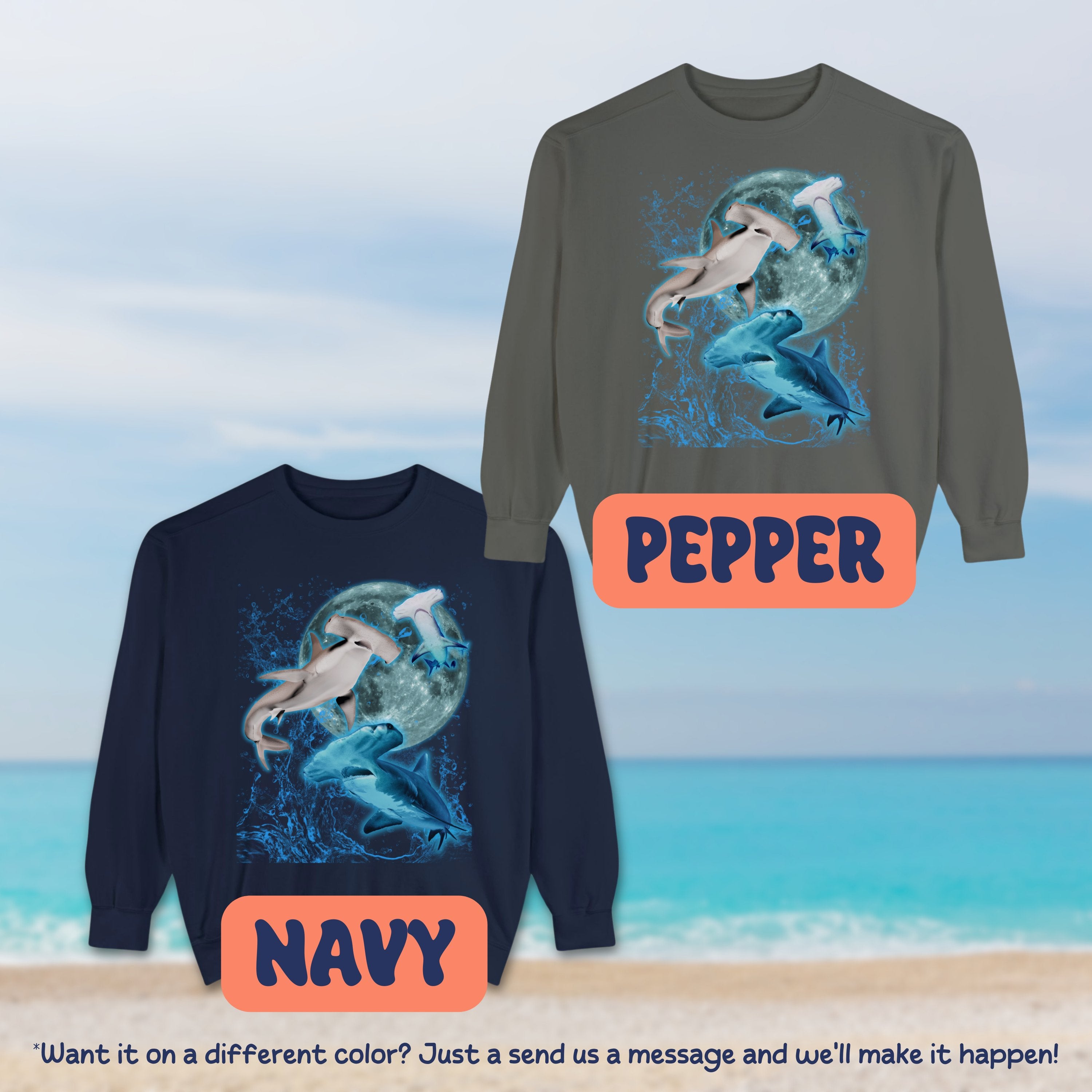 Moon Hammerhead Shark Vintage Graphic Sweatshirt, Marine Biology Fun Band Shirt, Shark Gifts - Sweatshirt - Chromatic Safari - Pepper - S