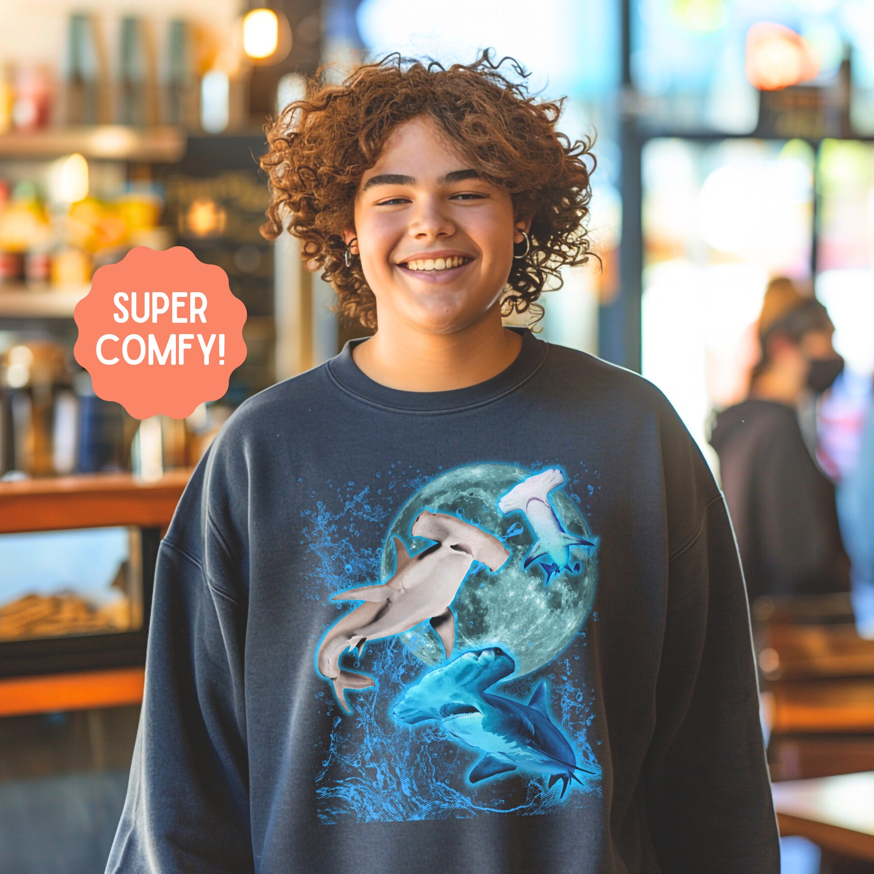 Moon Hammerhead Shark Vintage Graphic Sweatshirt, Marine Biology Fun Band Shirt, Shark Gifts - Sweatshirt - Chromatic Safari - True Navy - S