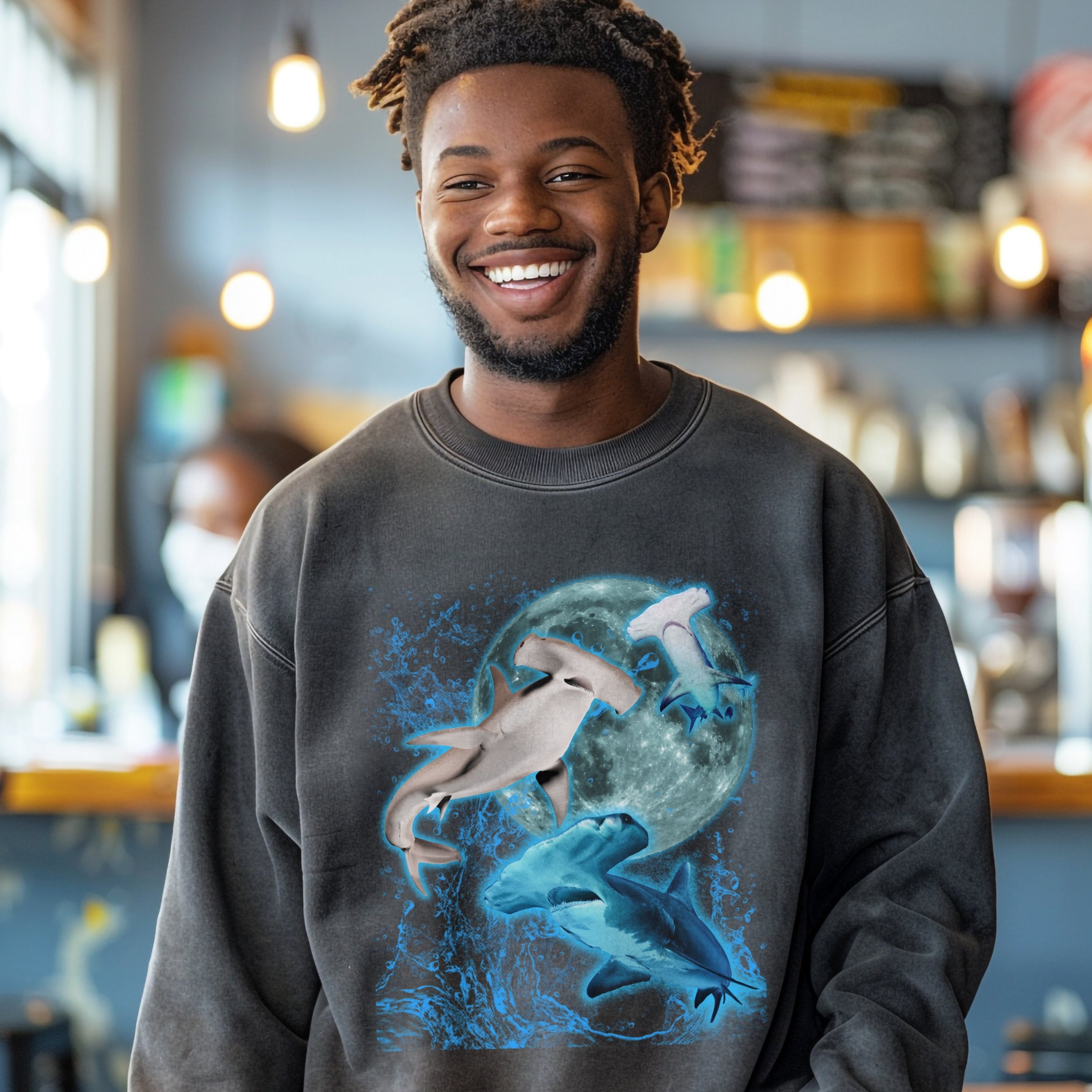 Moon Hammerhead Shark Vintage Graphic Sweatshirt, Marine Biology Fun Band Shirt, Shark Gifts - Sweatshirt - Chromatic Safari - Pepper - S