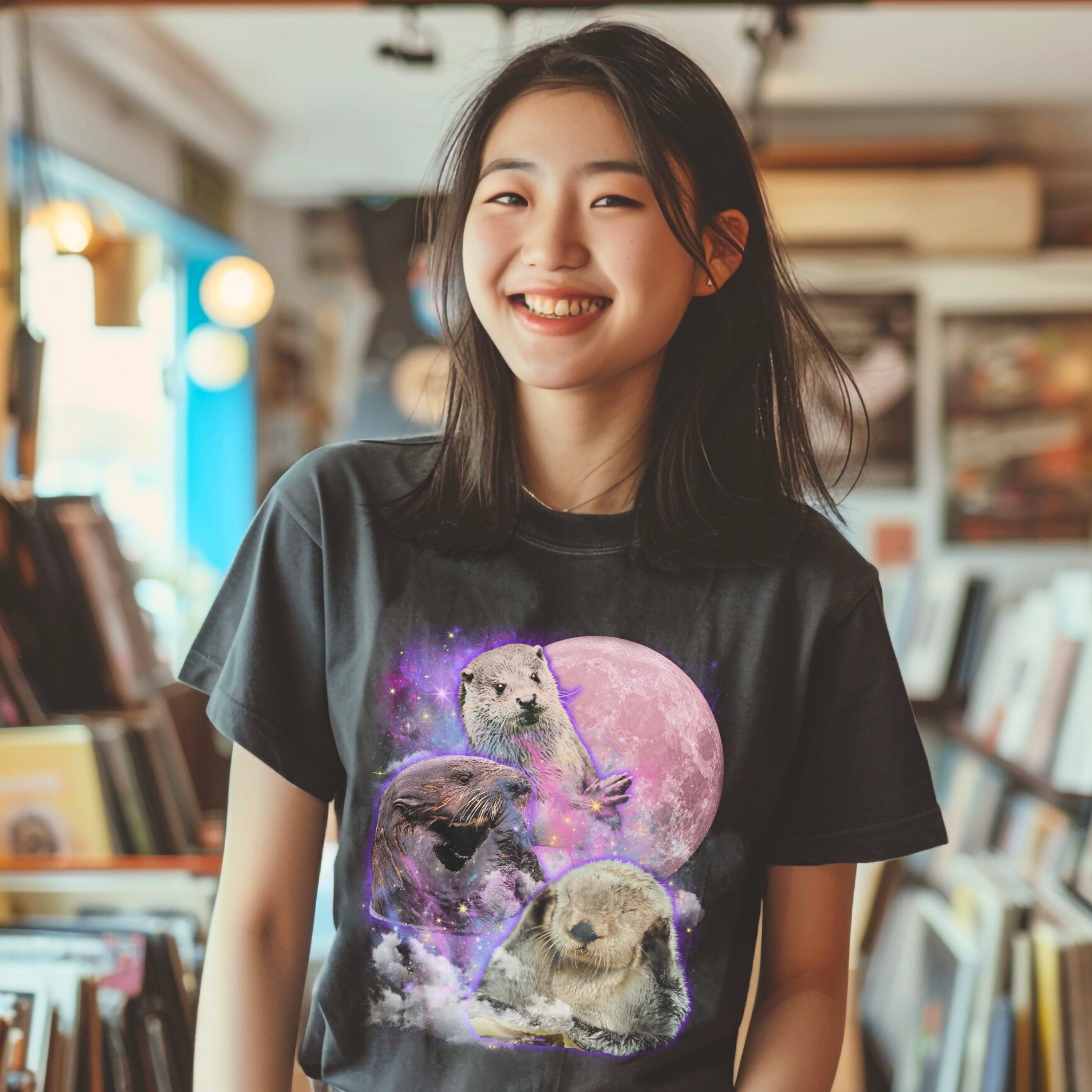 Moon Sea Otter Bootleg Vintage Graphic Tee, Marine Biology Fun Band Shirt, Gift for Marine Biologist - T-Shirt - Chromatic Safari - Pepper - S