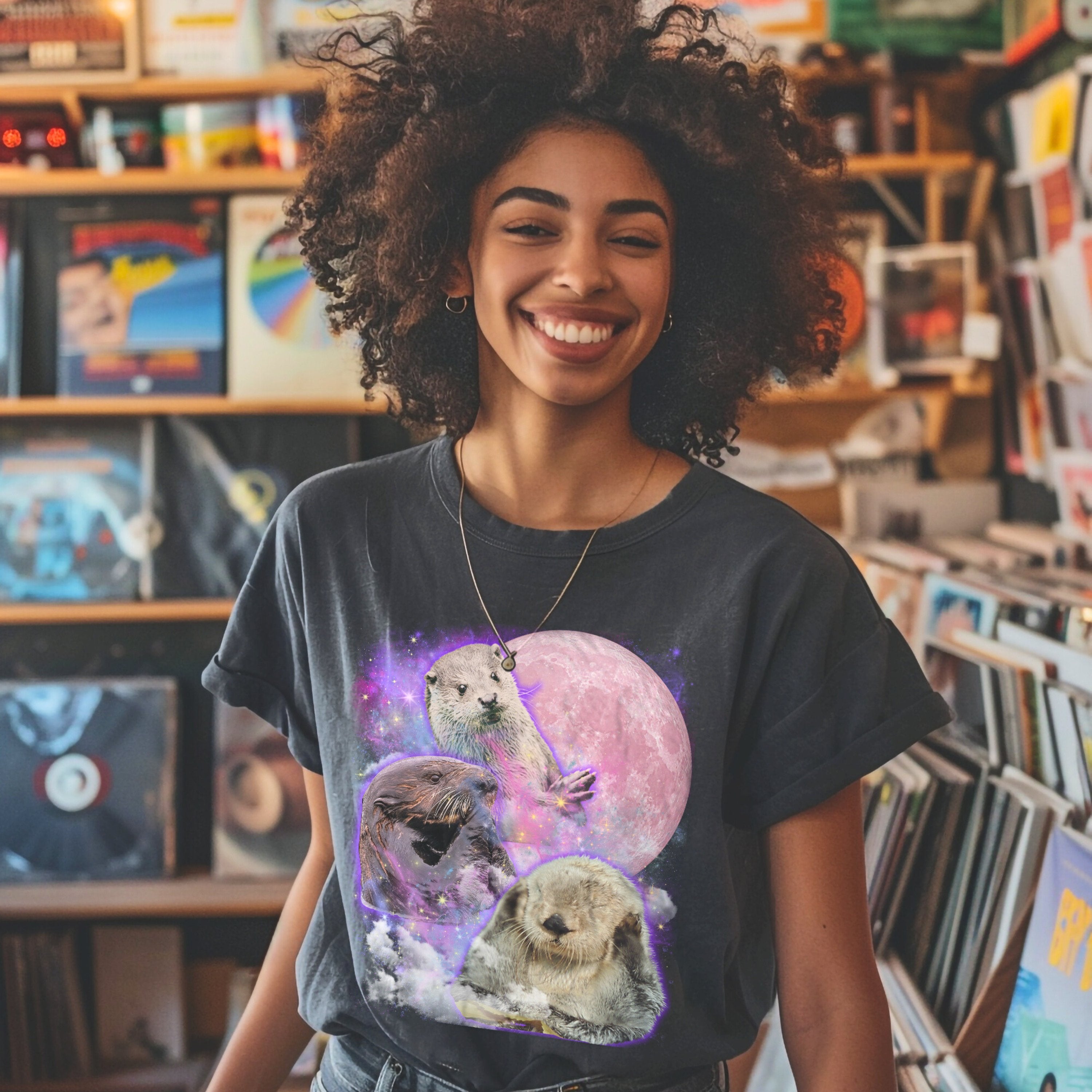 Moon Sea Otter Bootleg Vintage Graphic Tee, Marine Biology Fun Band Shirt, Gift for Marine Biologist - T-Shirt - Chromatic Safari - Pepper - S