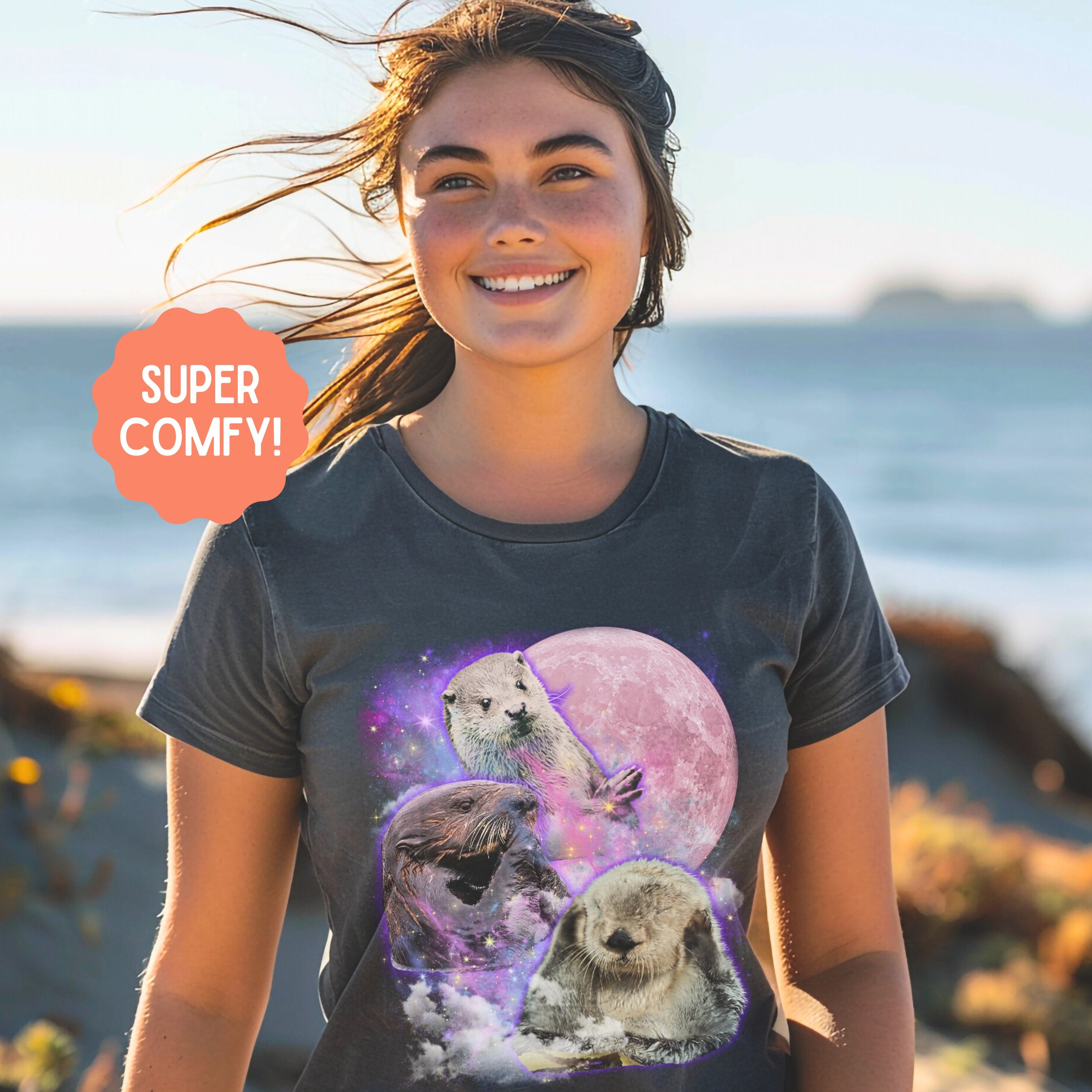 Moon Sea Otter Bootleg Vintage Graphic Tee, Marine Biology Fun Band Shirt, Gift for Marine Biologist - T-Shirt - Chromatic Safari - Pepper - S