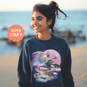 Moon Vintage Graphic Sweatshirt Sea Turtle, Marine Biology Fun Band Shirt Pullover, Birthday Gift Tee - Sweatshirt - Chromatic Safari - True Navy - S