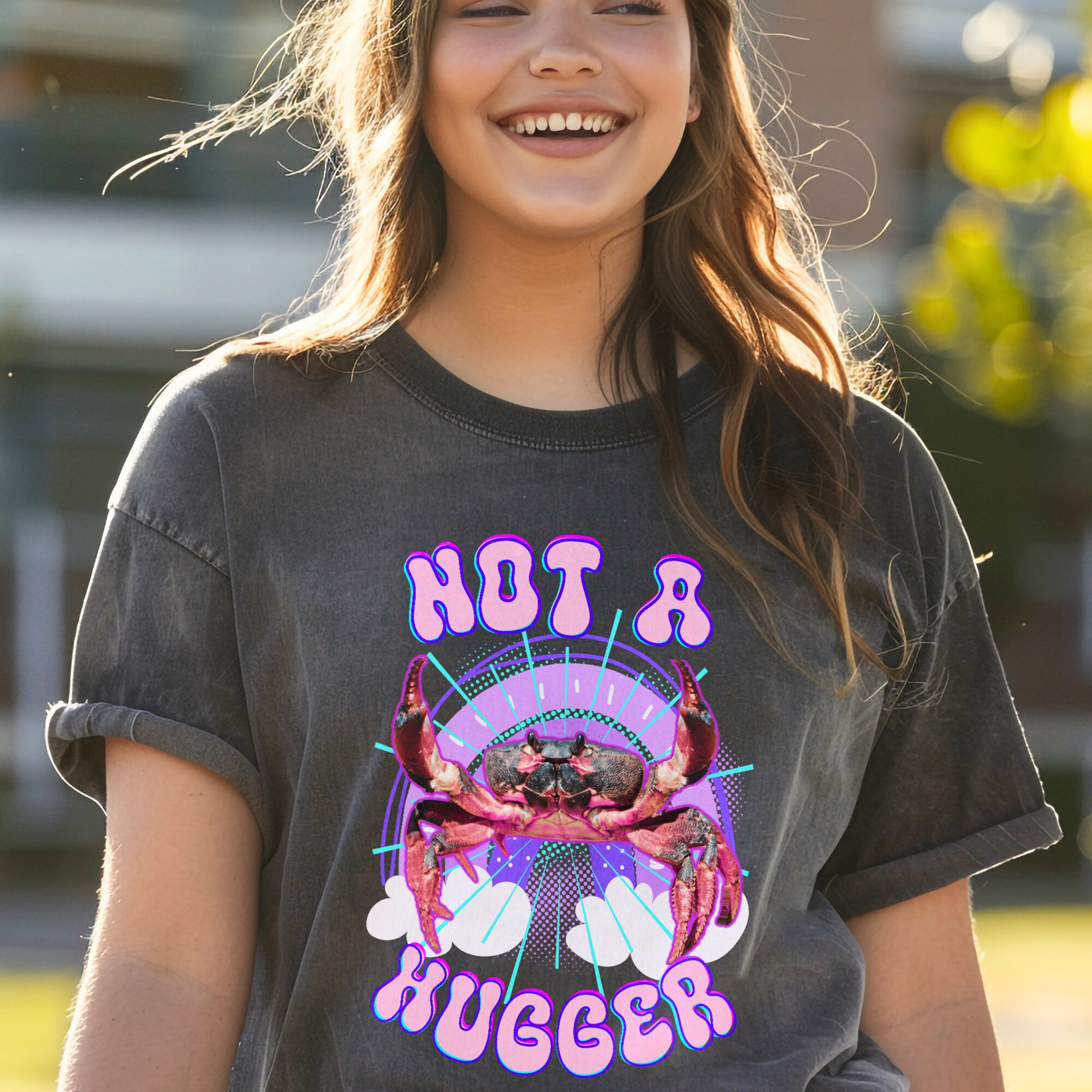 Not A Hugger Retro Bootleg Rap Tee Crab Band Shirt, Fun Ocean Conservation Vintage 90s Tee, Gift For Daughter, Wife or Girlfriend - T - Shirt - Chromatic Safari - Pepper - S