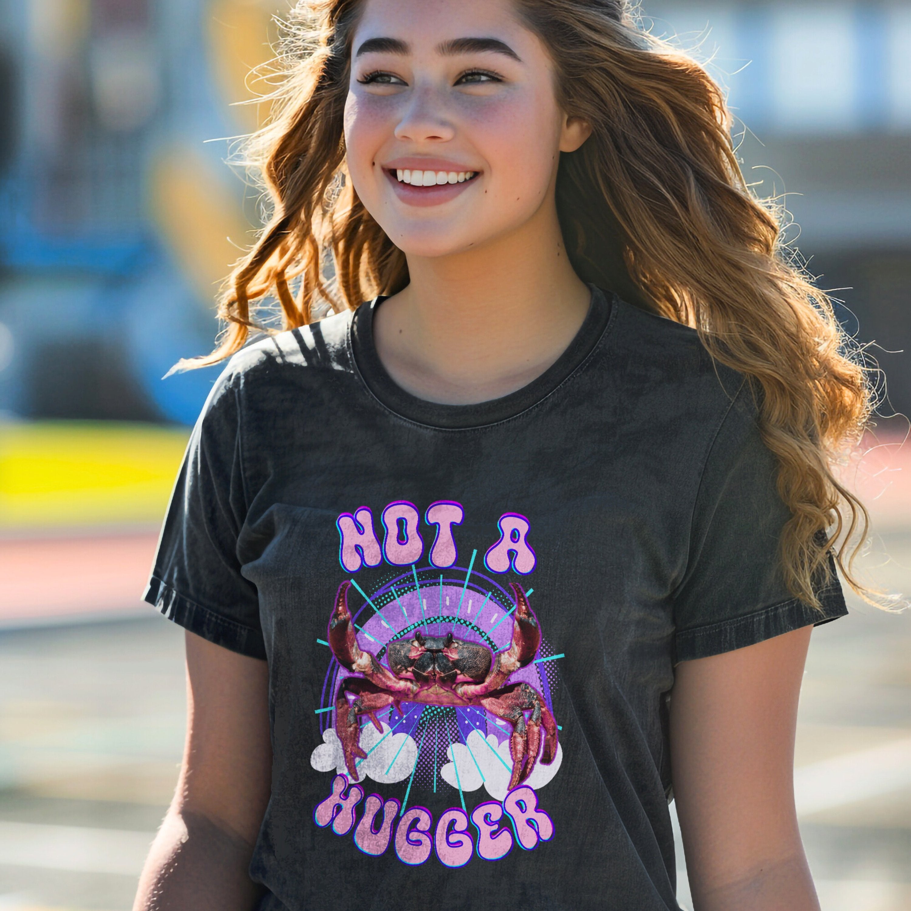 Not A Hugger Retro Bootleg Rap Tee Crab Band Shirt, Fun Ocean Conservation Vintage 90s Tee, Gift For Daughter, Wife or Girlfriend - T - Shirt - Chromatic Safari - Pepper - S