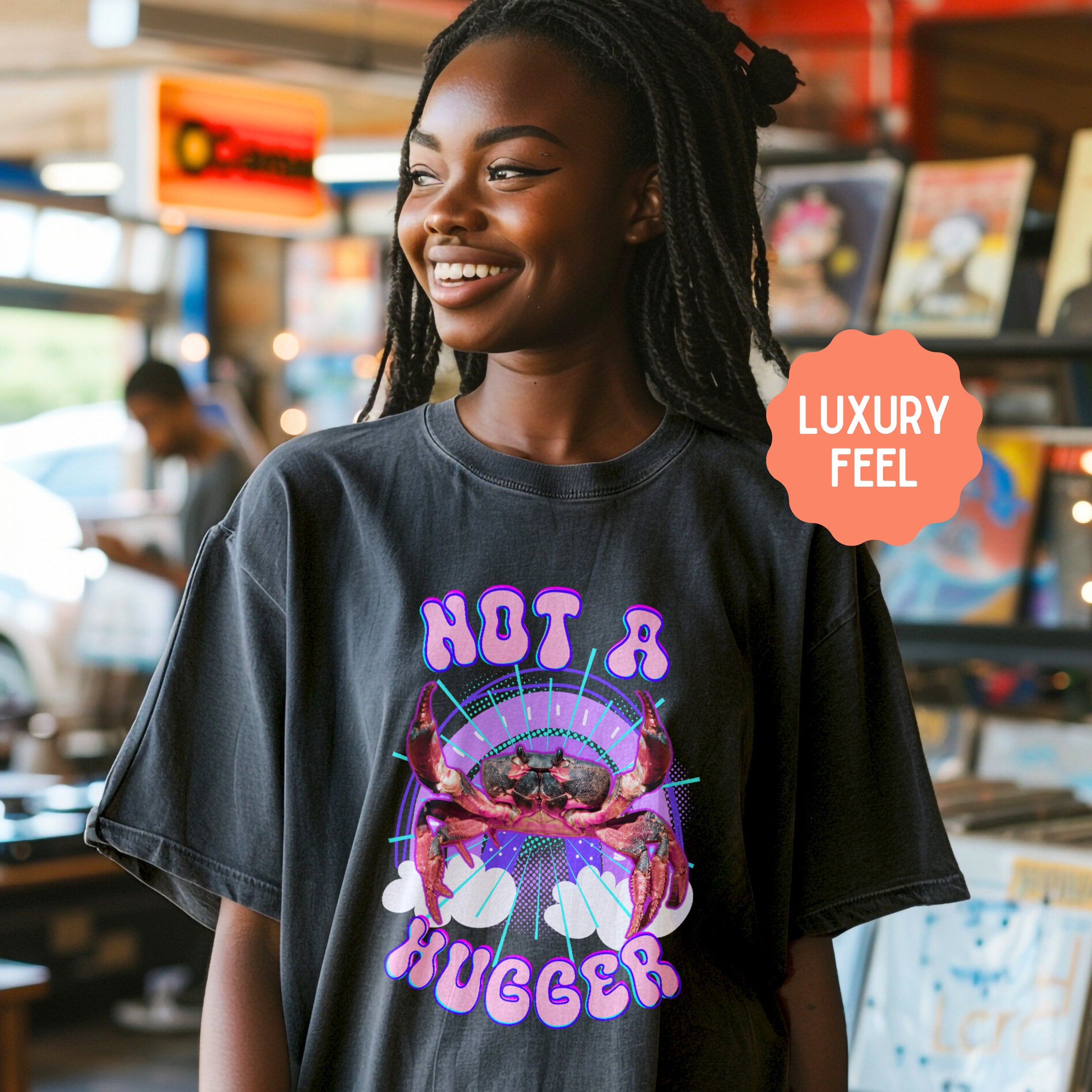 Not A Hugger Retro Bootleg Rap Tee Crab Band Shirt, Fun Ocean Conservation Vintage 90s Tee, Gift For Daughter, Wife or Girlfriend - T - Shirt - Chromatic Safari - Pepper - S