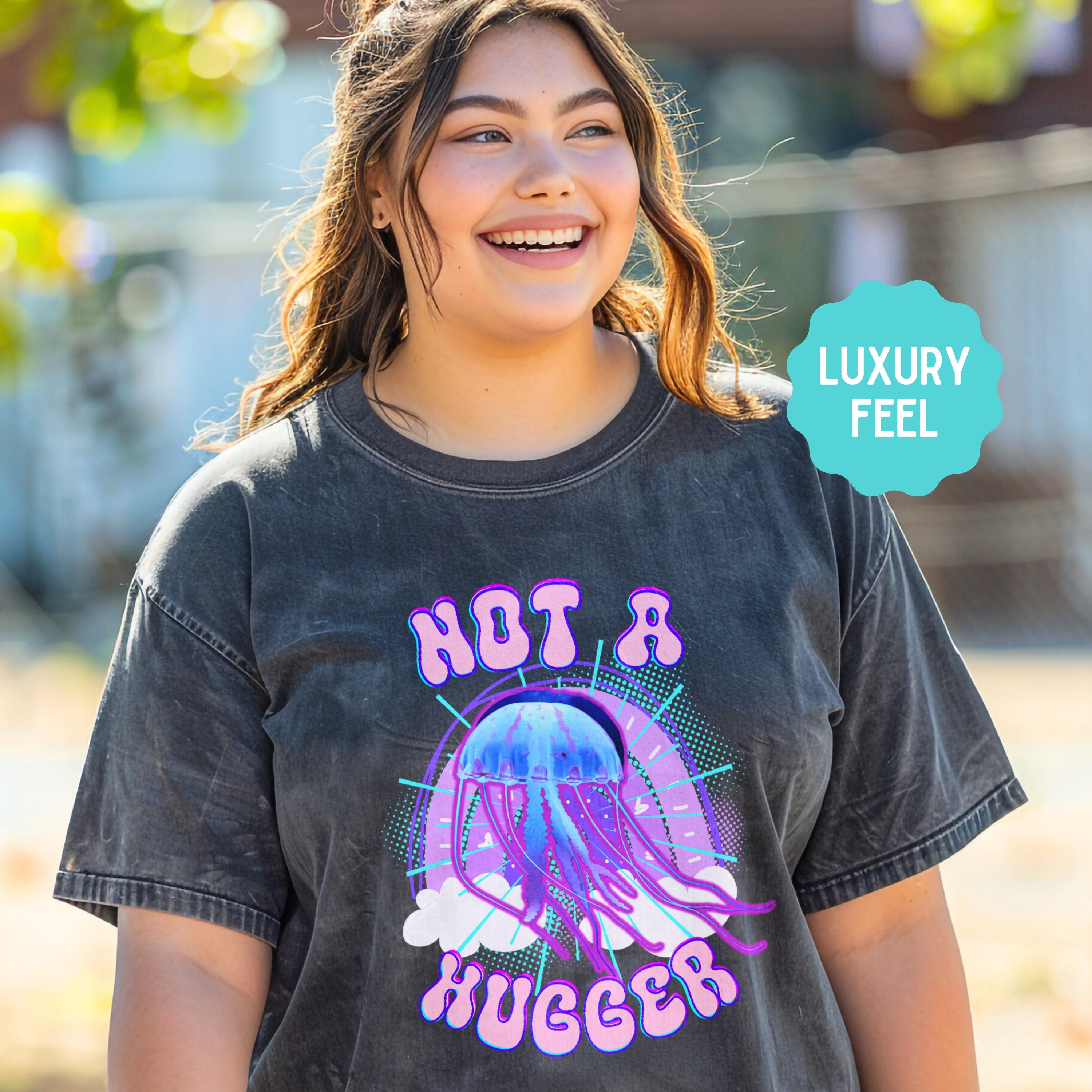 Not A Hugger Retro Bootleg Rap Tee Jellyfish Band Shirt, Fun Ocean Conservation Vintage 90s Tee, Gift For Wife or Girlfriend - T - Shirt - Chromatic Safari - Pepper - S