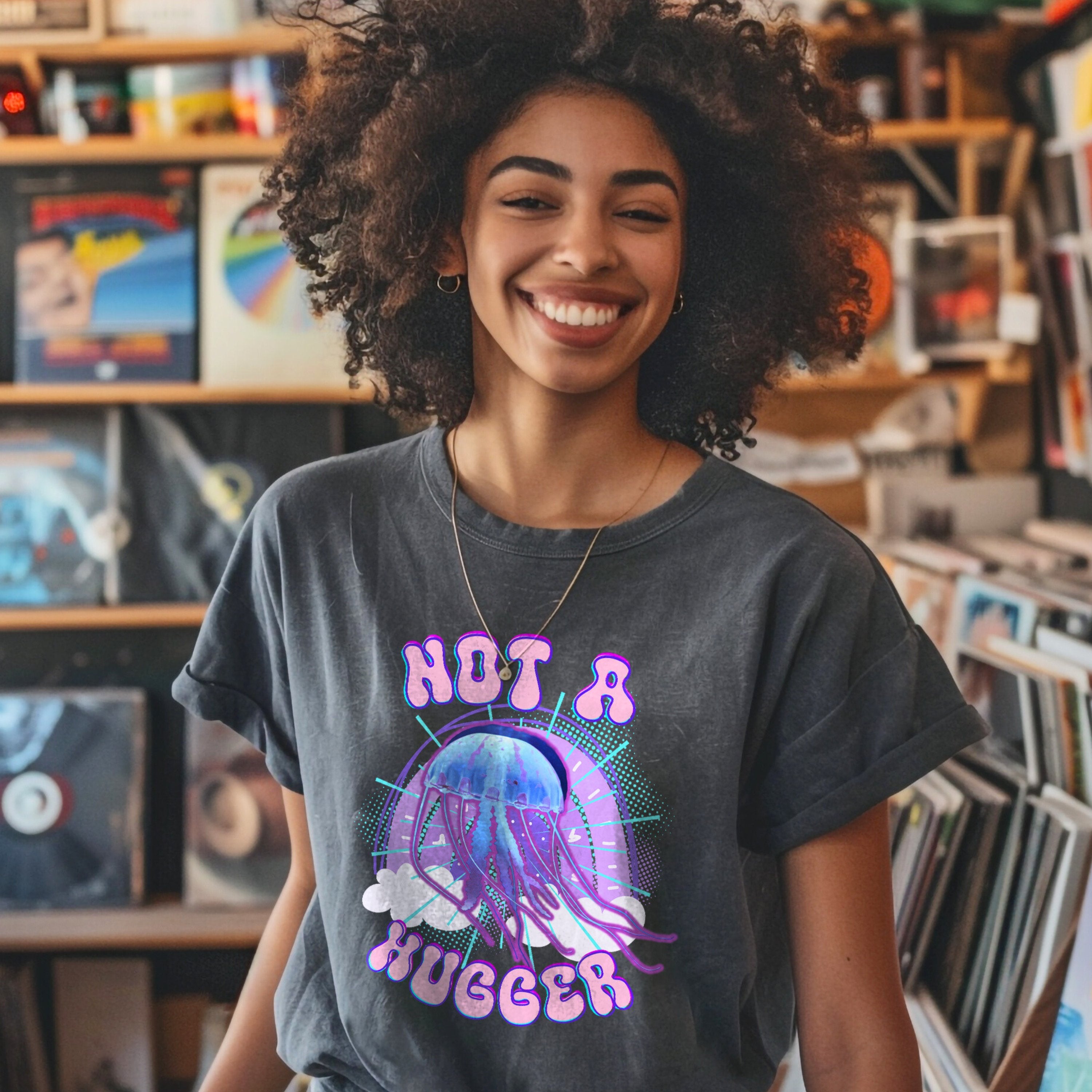Not A Hugger Retro Bootleg Rap Tee Jellyfish Band Shirt, Fun Ocean Conservation Vintage 90s Tee, Gift For Wife or Girlfriend - T - Shirt - Chromatic Safari - Pepper - S