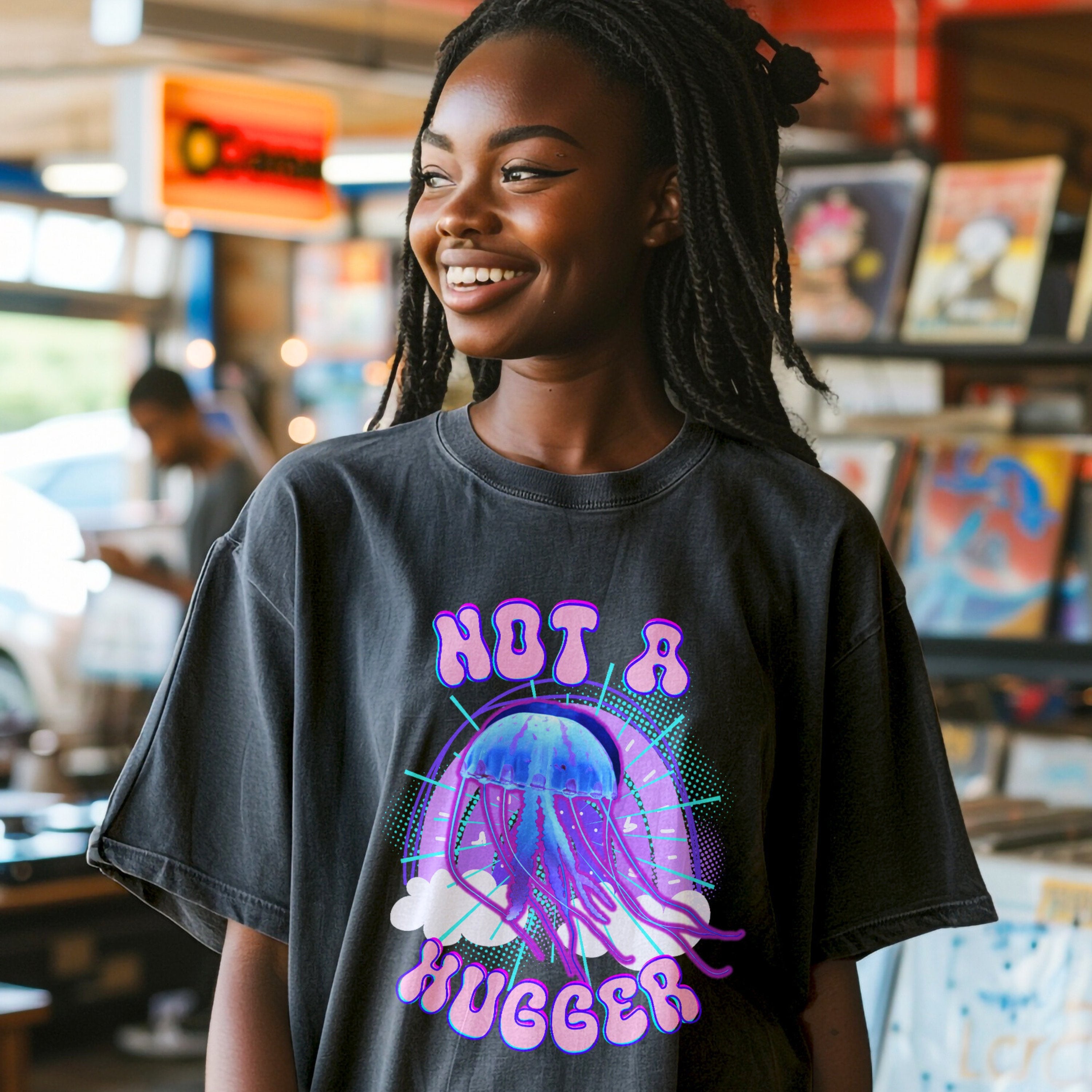 Not A Hugger Retro Bootleg Rap Tee Jellyfish Band Shirt, Fun Ocean Conservation Vintage 90s Tee, Gift For Wife or Girlfriend - T - Shirt - Chromatic Safari - Pepper - S