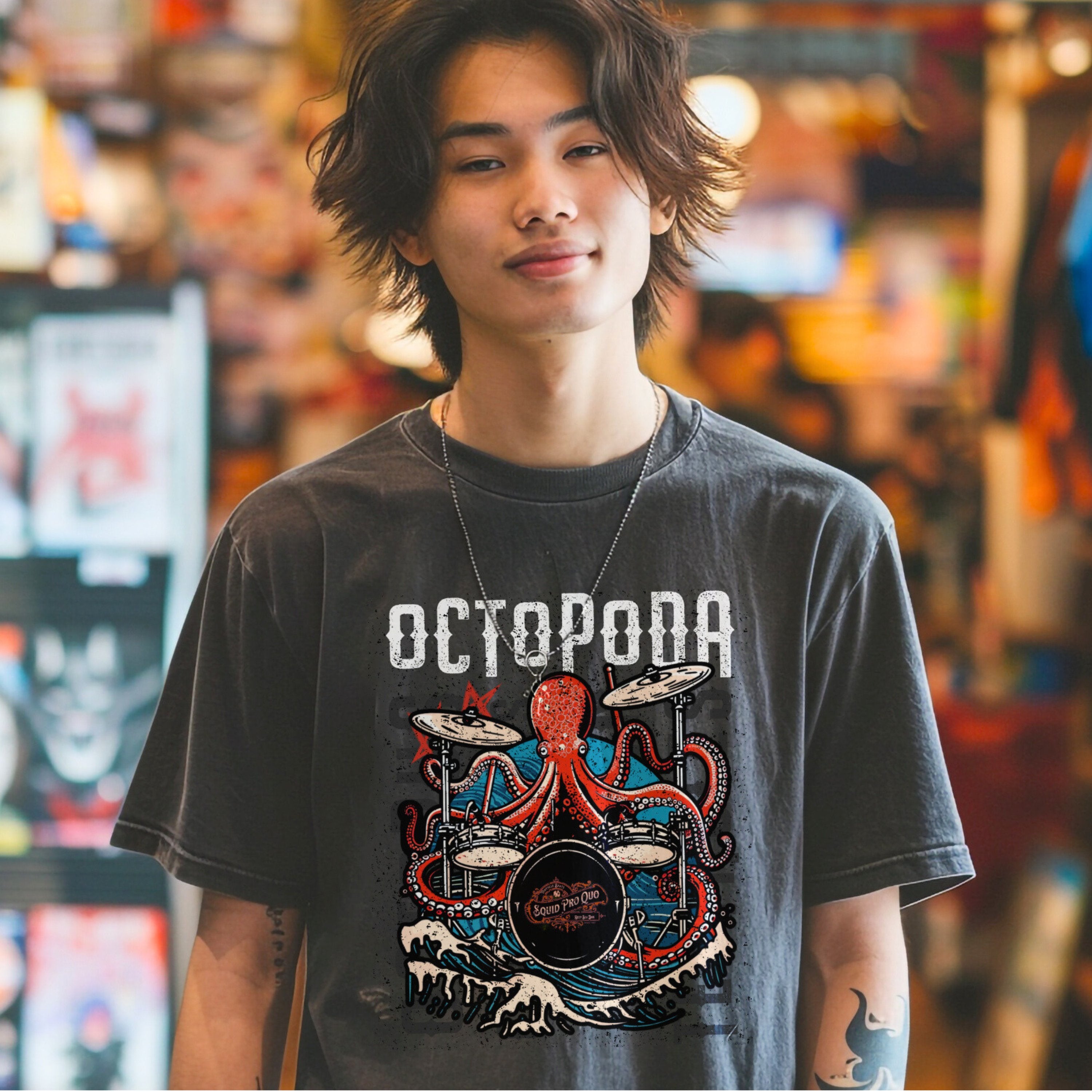 Octopoda Drummer Octopus Band Shirt, Marine Biology Fun Bootleg Shirt, Gift for Music Lover - T - Shirt - Chromatic Safari - Pepper - S