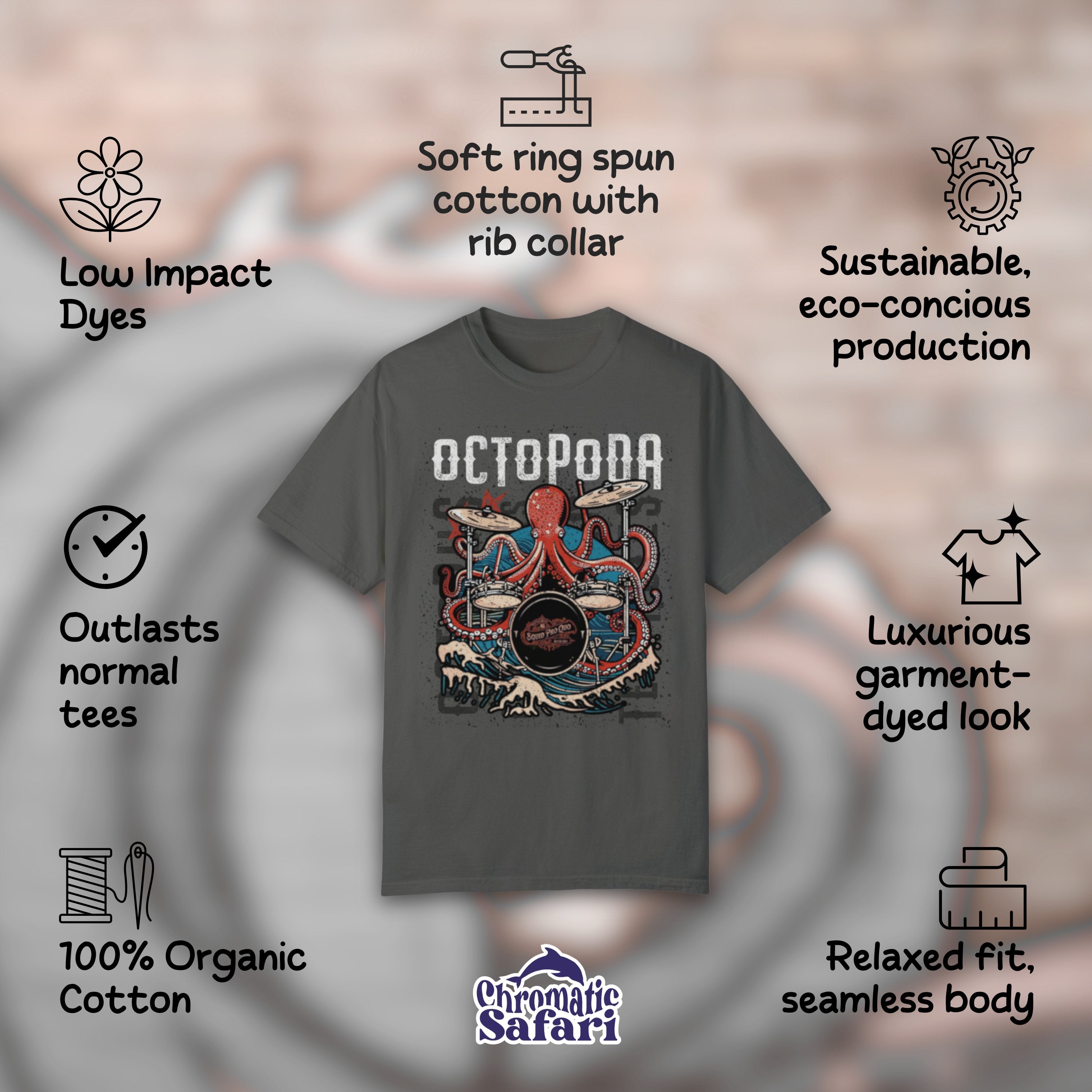 Octopoda Drummer Octopus Band Shirt, Marine Biology Fun Bootleg Shirt, Gift for Music Lover - T - Shirt - Chromatic Safari - Pepper - S