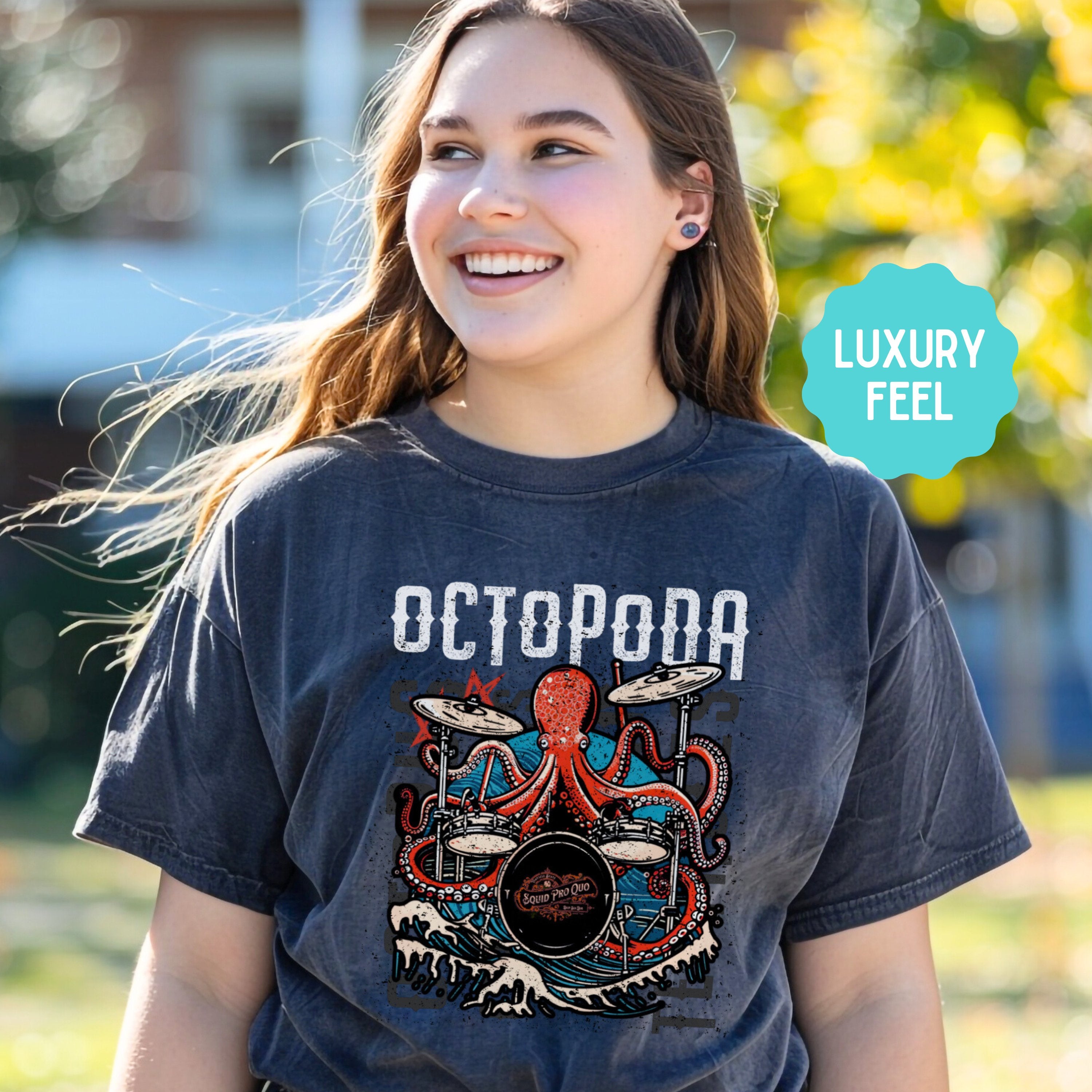 Octopoda Drummer Octopus Band Shirt, Marine Biology Fun Bootleg Shirt, Gift for Music Lover - T - Shirt - Chromatic Safari - Pepper - S