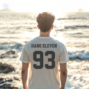 Personalized Surfing Beach Diving Shirt, Hang Eleven Custom Tee Back Print Varsity Font T-shirt, Gift for Surfers, and Swimmers - T-Shirt - Chromatic Safari - Ivory - S