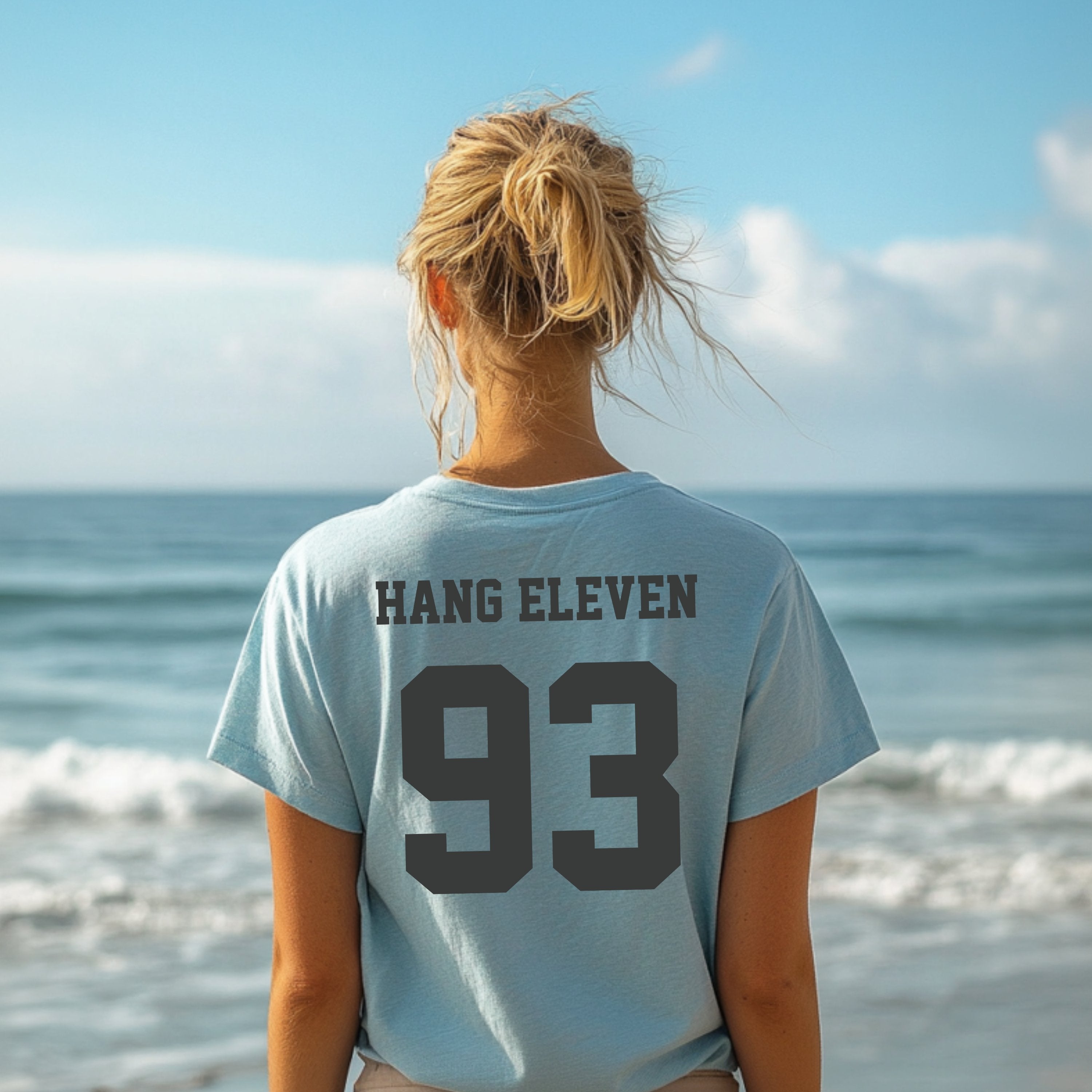 Personalized Surfing Beach Diving Shirt, Hang Eleven Custom Tee Back Print Varsity Font T-shirt, Gift for Surfers, and Swimmers - T-Shirt - Chromatic Safari - Chambray - S