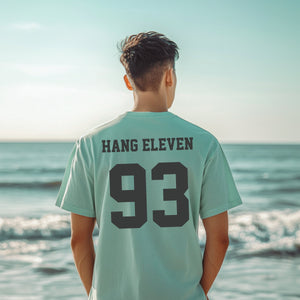 Personalized Surfing Beach Diving Shirt, Hang Eleven Custom Tee Back Print Varsity Font T-shirt, Gift for Surfers, and Swimmers - T-Shirt - Chromatic Safari - Chalky Mint - S