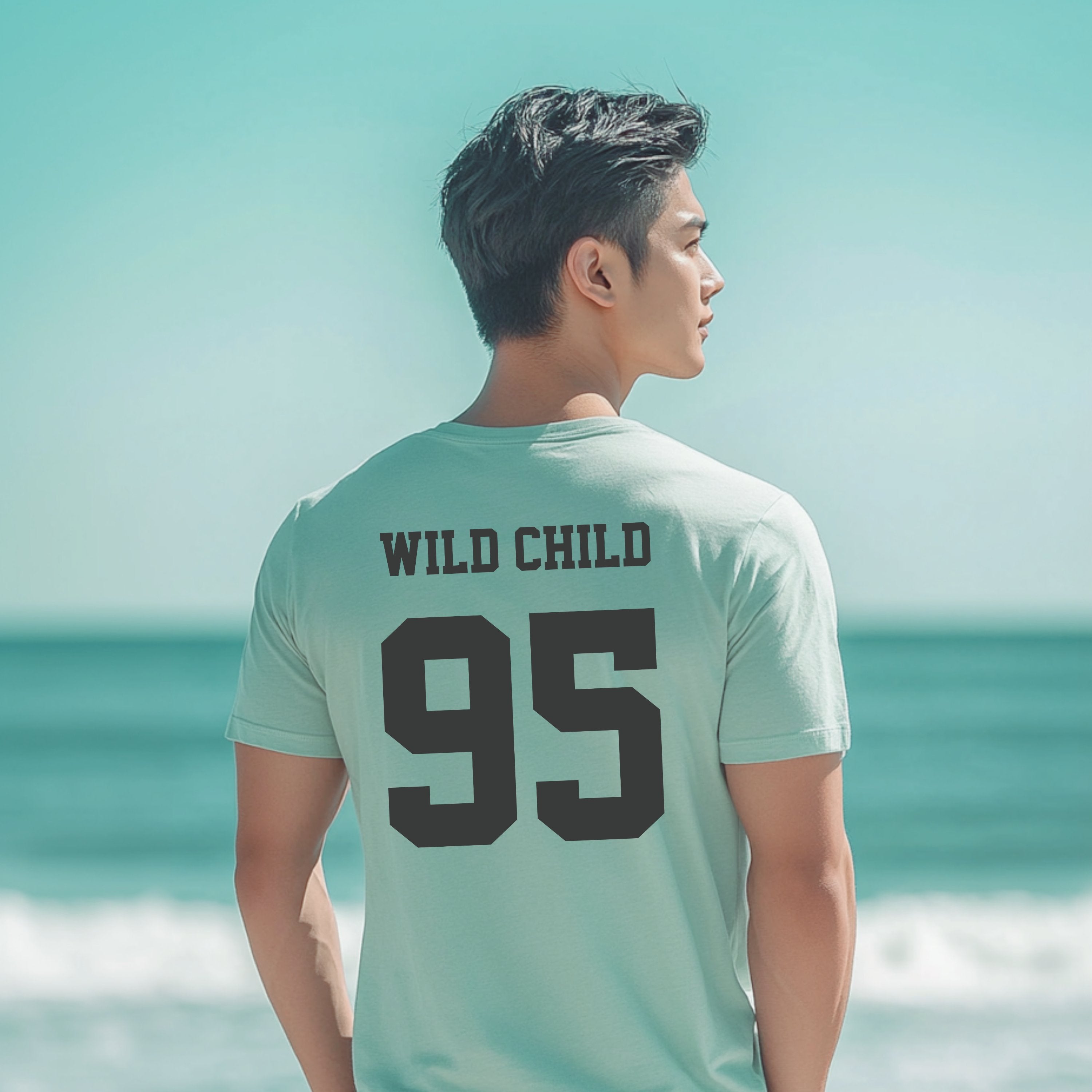 Personalized Surfing Beach Lovers Shirt, Wild Child Custom Tee Back Print Varsity Font T-shirt, Gift for Surfers, and Swimmers - T-Shirt - Chromatic Safari - Chalky Mint - S