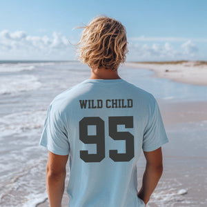 Personalized Surfing Beach Lovers Shirt, Wild Child Custom Tee Back Print Varsity Font T-shirt, Gift for Surfers, and Swimmers - T-Shirt - Chromatic Safari - Chambray - S