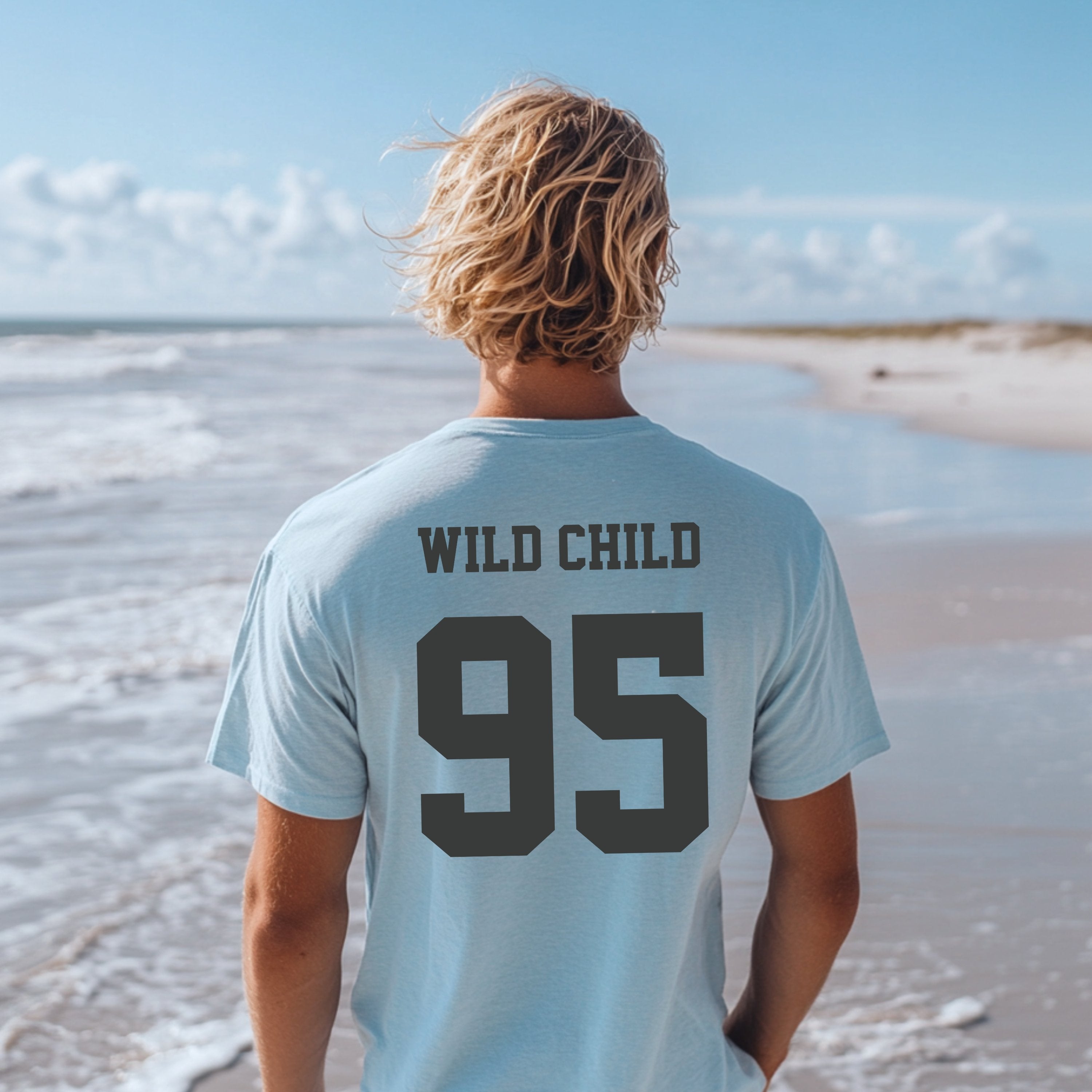 Personalized Surfing Beach Lovers Shirt, Wild Child Custom Tee Back Print Varsity Font T-shirt, Gift for Surfers, and Swimmers - T-Shirt - Chromatic Safari - Chambray - S