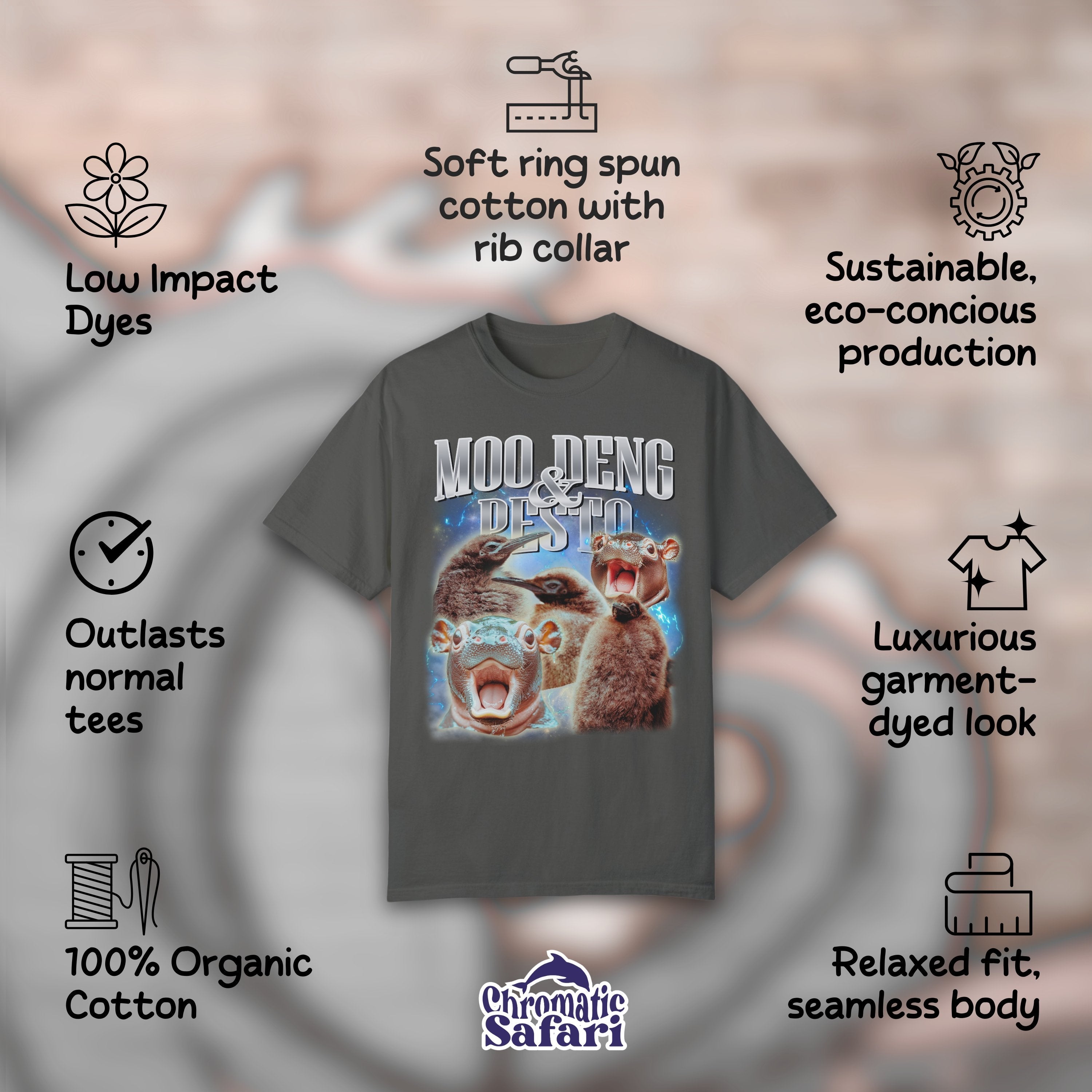 Pesto & Moo Deng, Vintage Graphic Bootleg Rap Tee, Viral Fun Band Shirt, Baby Hippo Penguin Birthday Gift - T-Shirt - Chromatic Safari - Pepper - S