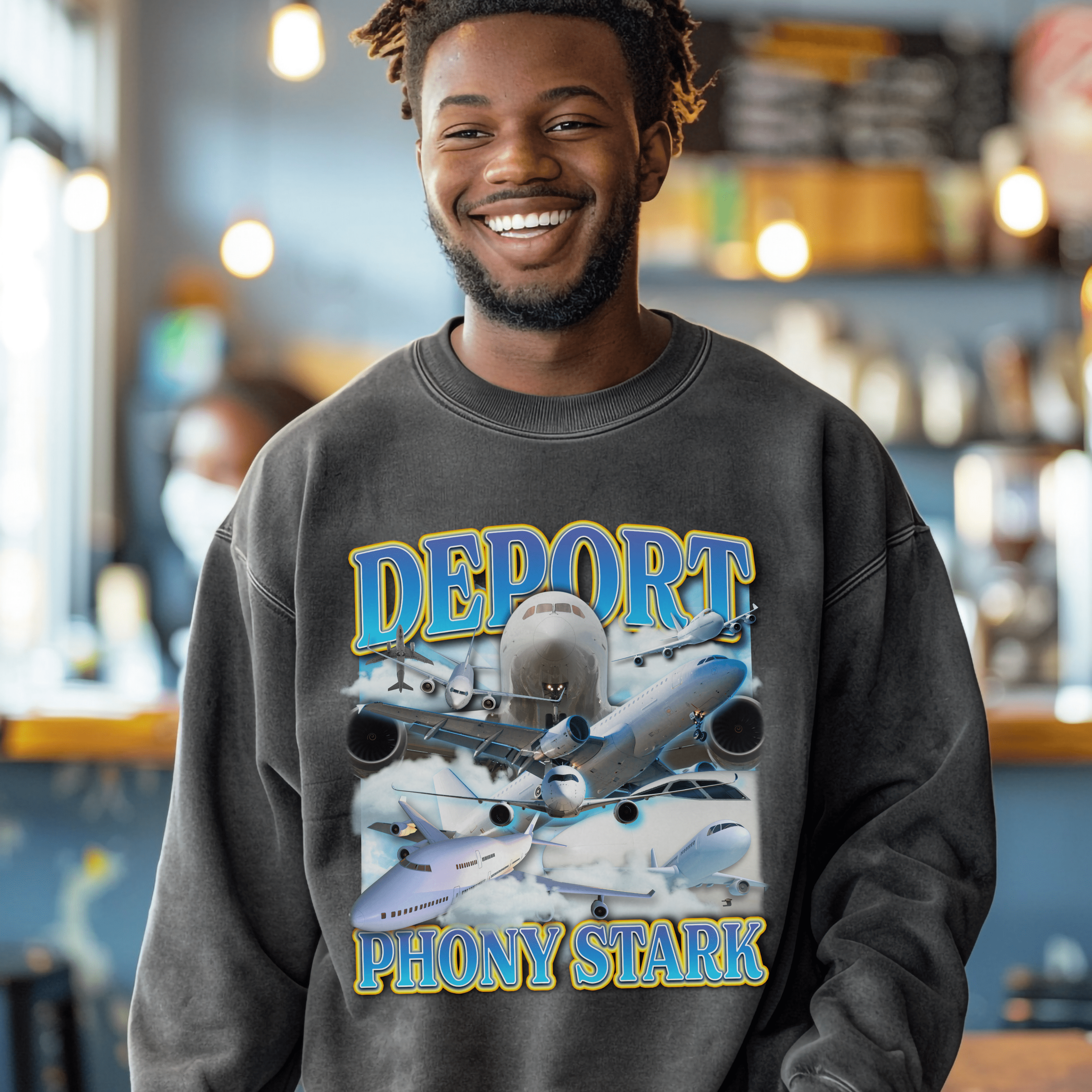 Political Sweatshirt, Deport Phony Stark Tshirt, Social Cause Pullover Tee, Anti Capitalism Shirt, Protest Shirt Gifts - Sweatshirt - Chromatic Safari - Charcoal - S