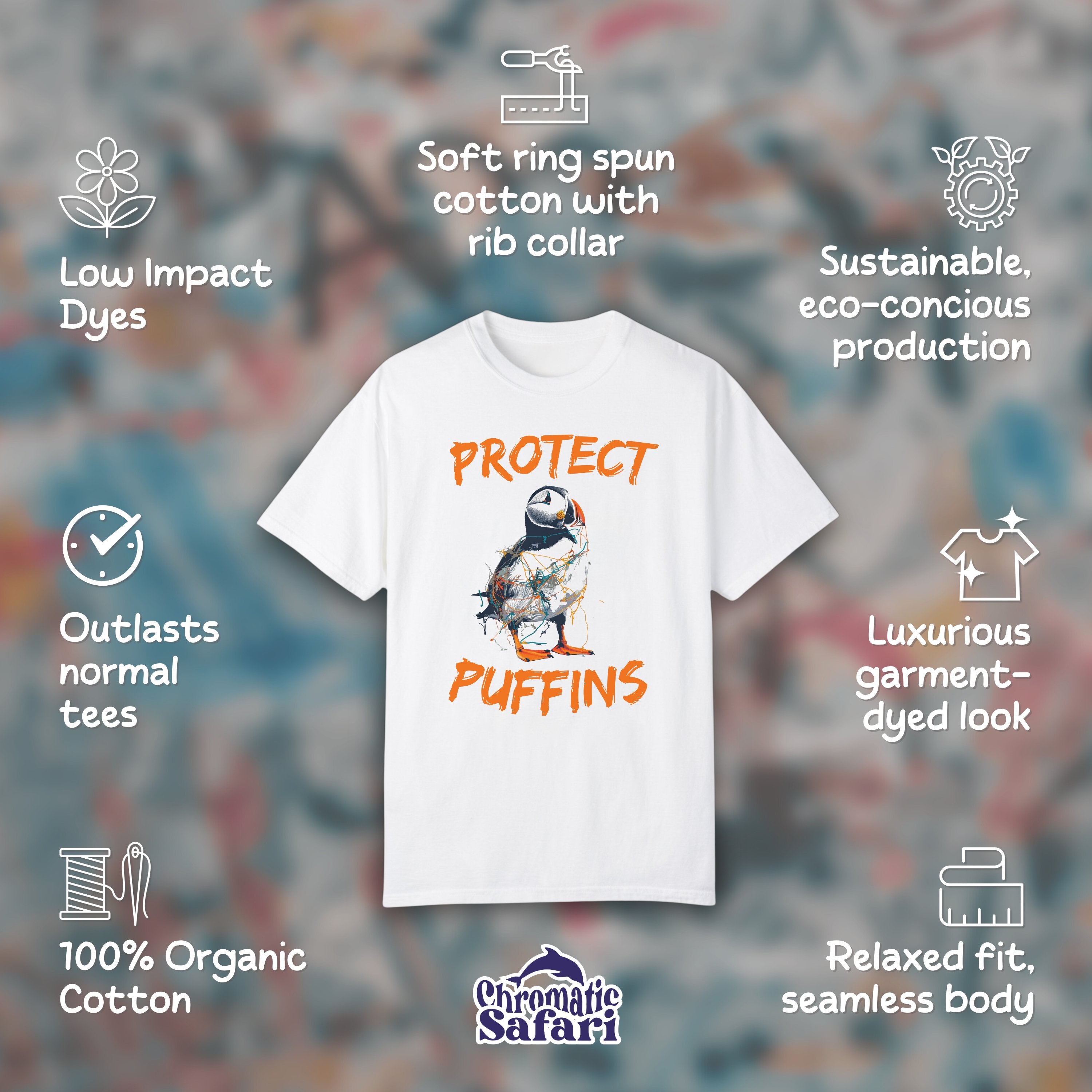 Protect Iceland Puffins Street Art Awareness Shirt, Sealife Ocean Conservation Marine Biology Gift, For Birdwatcher or Conservationist - T - Shirt - Chromatic Safari - White - S