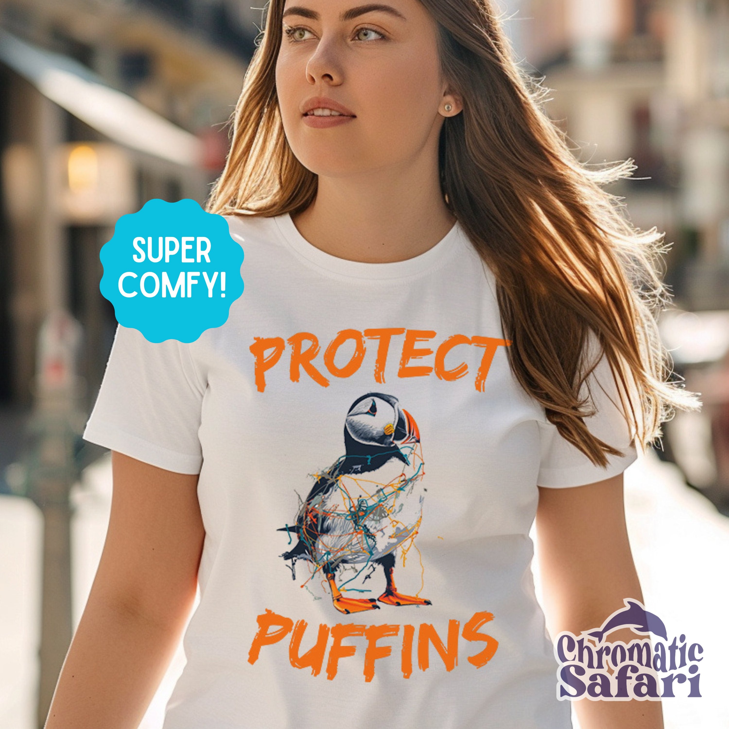 Protect Iceland Puffins Street Art Awareness Shirt, Sealife Ocean Conservation Marine Biology Gift, For Birdwatcher or Conservationist - T - Shirt - Chromatic Safari - White - S