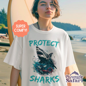 Protect Respect Local Shark Shirt, Sealife Ocean Conservation Marine Biology Gift, For Divers or Conservationist Gift - T - Shirt - Chromatic Safari - White - S