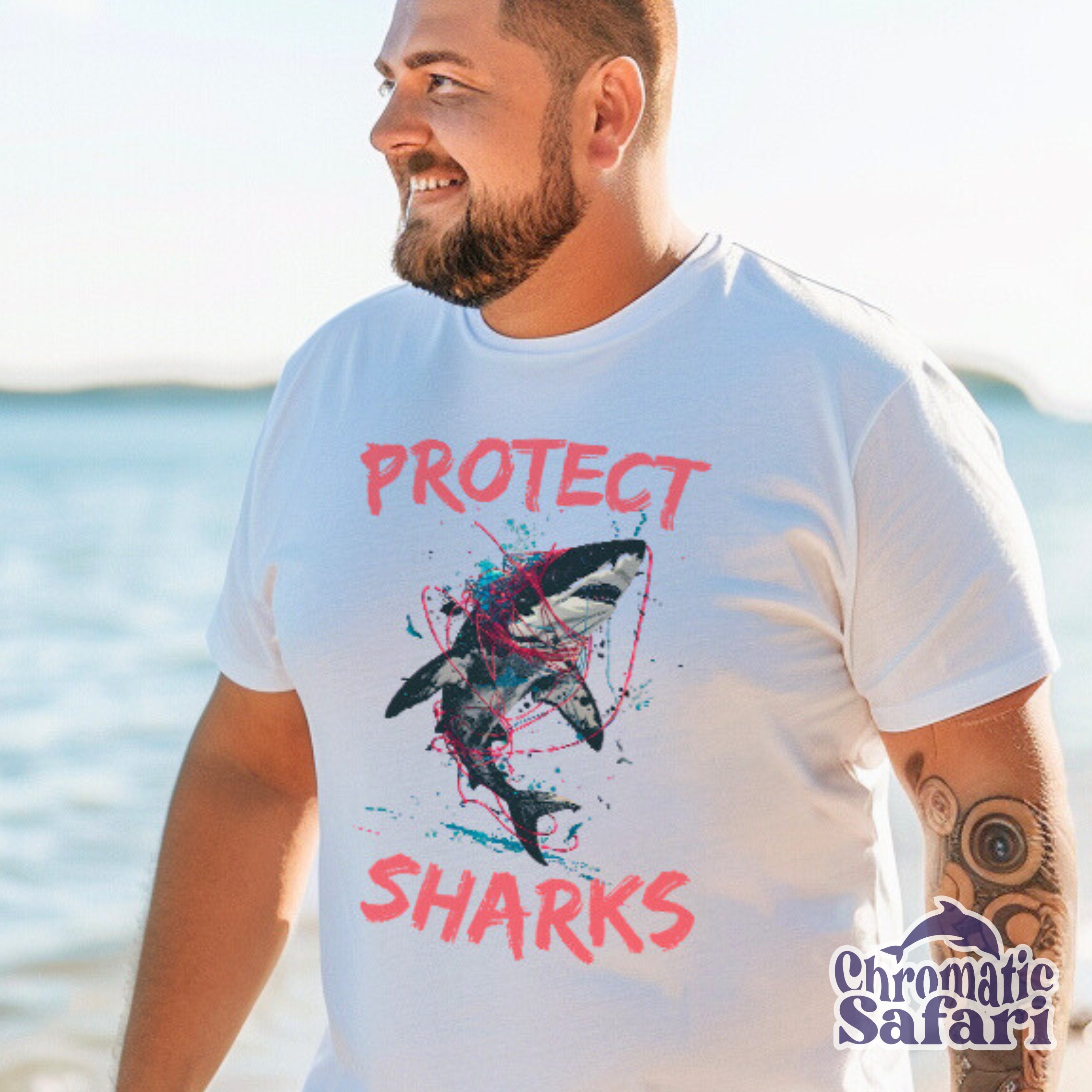 Protect Shark Street Art Awareness Shirt, Sealife Ocean Conservation Marine Biology Gift, For Locals Surfer - T - Shirt - Chromatic Safari - White - S