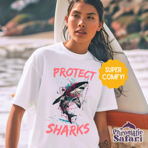 Protect Shark Street Art Awareness Shirt, Sealife Ocean Conservation Marine Biology Gift, For Locals Surfer - T - Shirt - Chromatic Safari - White - S