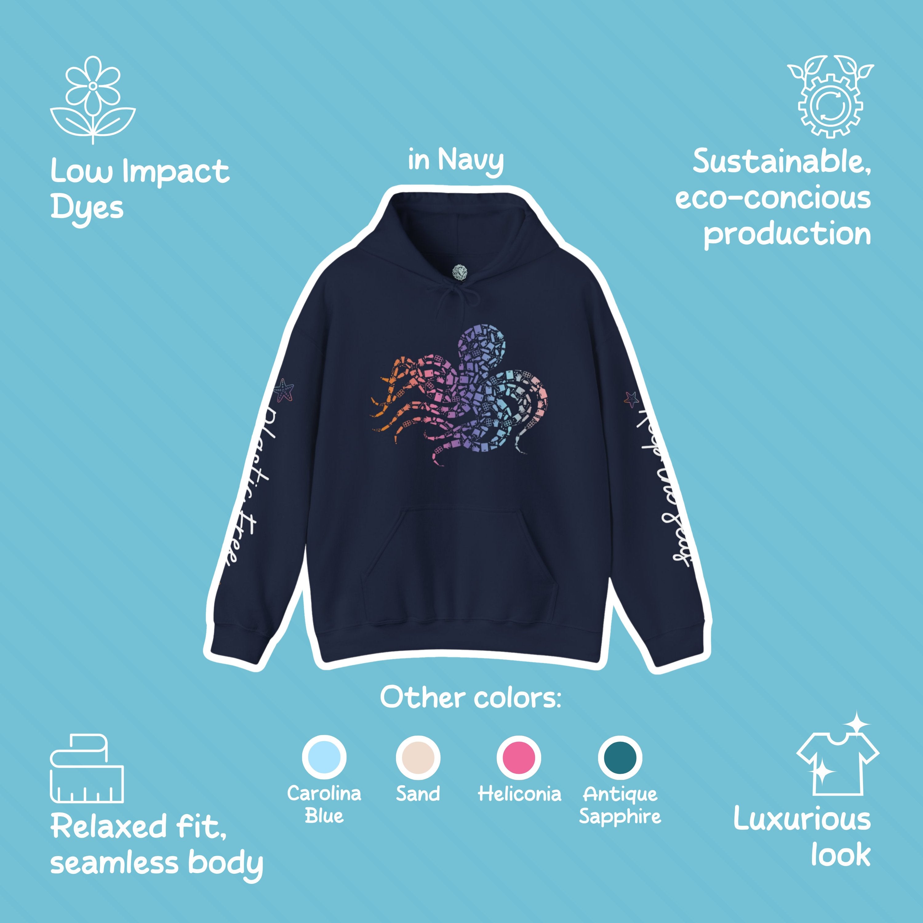 Rainbow Octopus Hoodie: Eco-Friendly, Artistic Sweatshirt for Marine Life Enthusiasts, Perfect for Ocean Conservation Supporters - Chromatic Safari - Navy - S