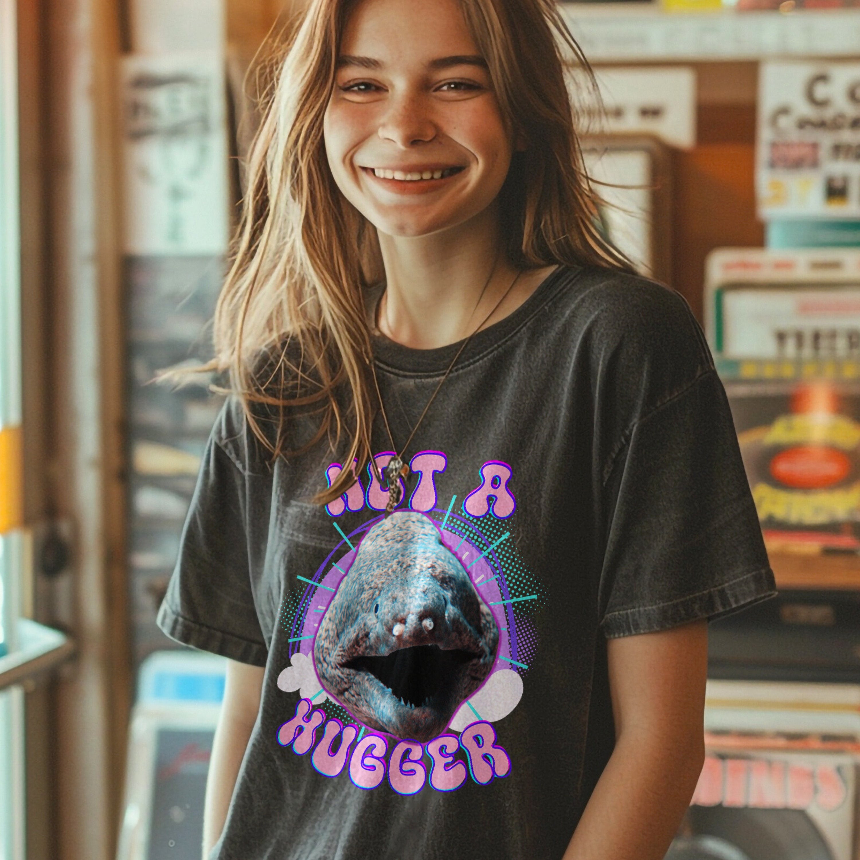 Retro Bootleg Rap Tee Not A Hugger Electric Eel Band Shirt, Fun Ocean Conservation Vintage 90s Tee, Gift For Her or for Coworker - T - Shirt - Chromatic Safari - Pepper - S