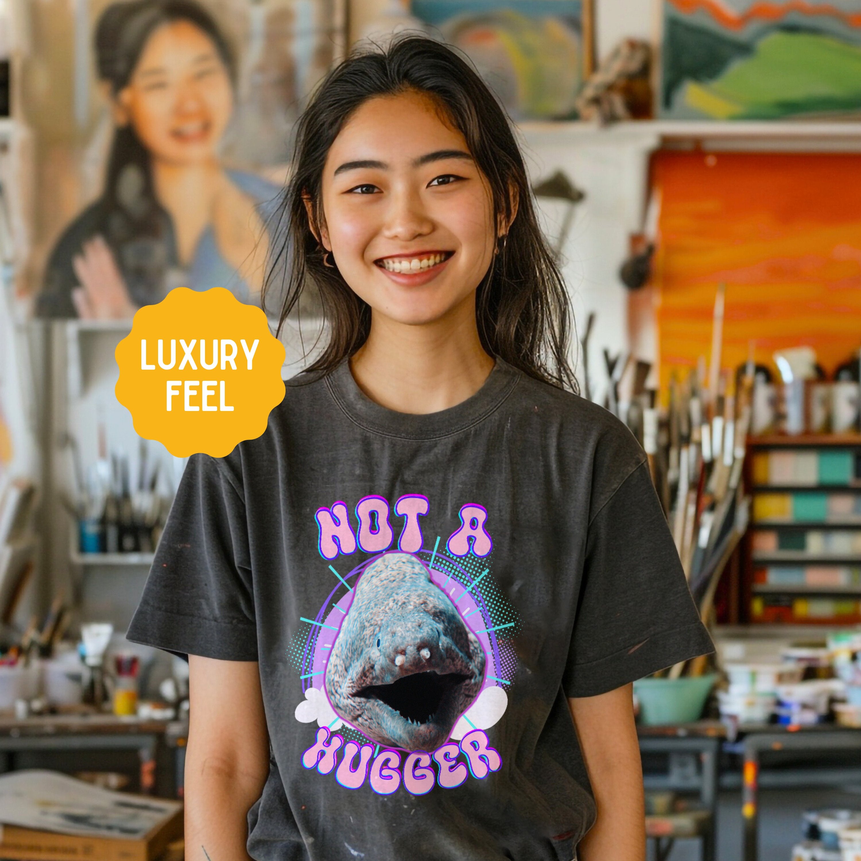 Retro Bootleg Rap Tee Not A Hugger Electric Eel Band Shirt, Fun Ocean Conservation Vintage 90s Tee, Gift For Her or for Coworker - T - Shirt - Chromatic Safari - Pepper - S