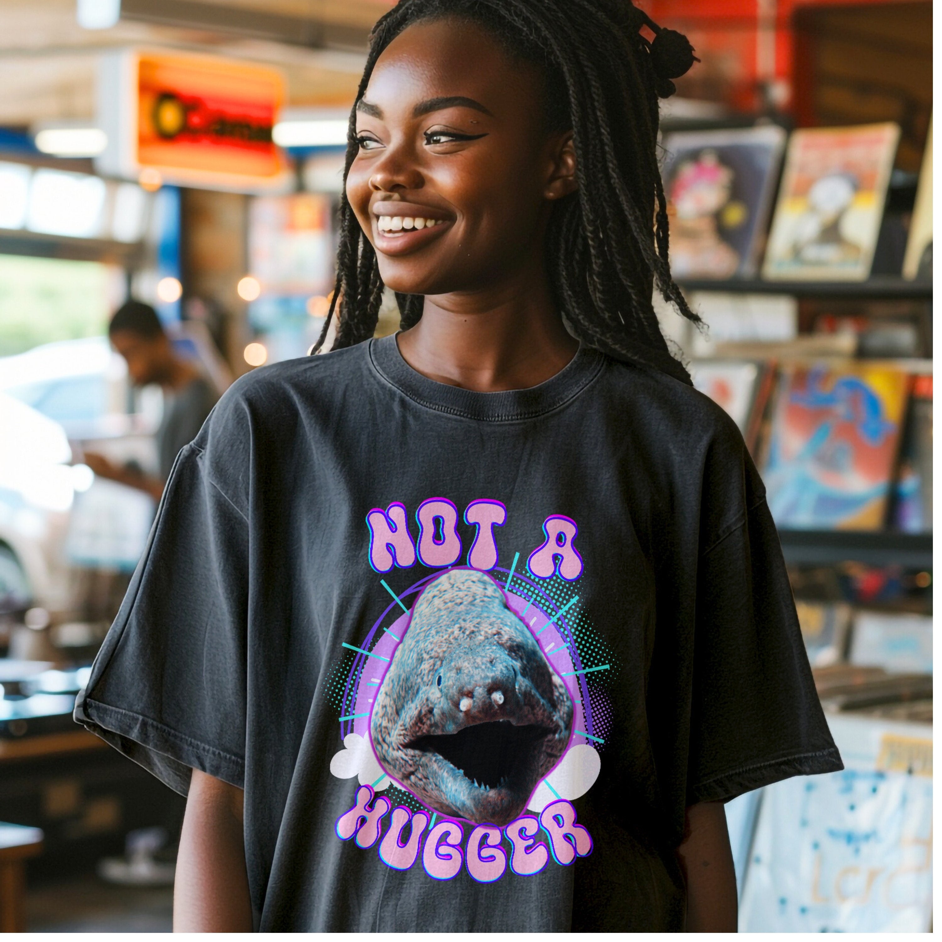 Retro Bootleg Rap Tee Not A Hugger Electric Eel Band Shirt, Fun Ocean Conservation Vintage 90s Tee, Gift For Her or for Coworker - T - Shirt - Chromatic Safari - Pepper - S